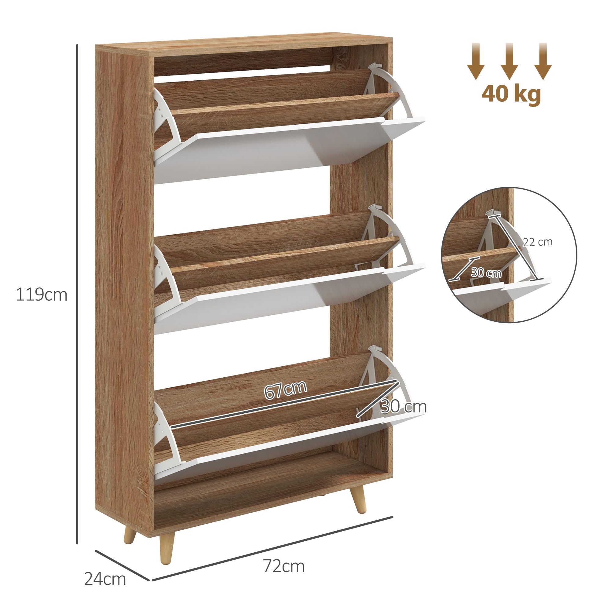 HOMCOM Meuble à Chaussures 3 Abattants 72L x 24l x 119H cm Naturel et Blanc