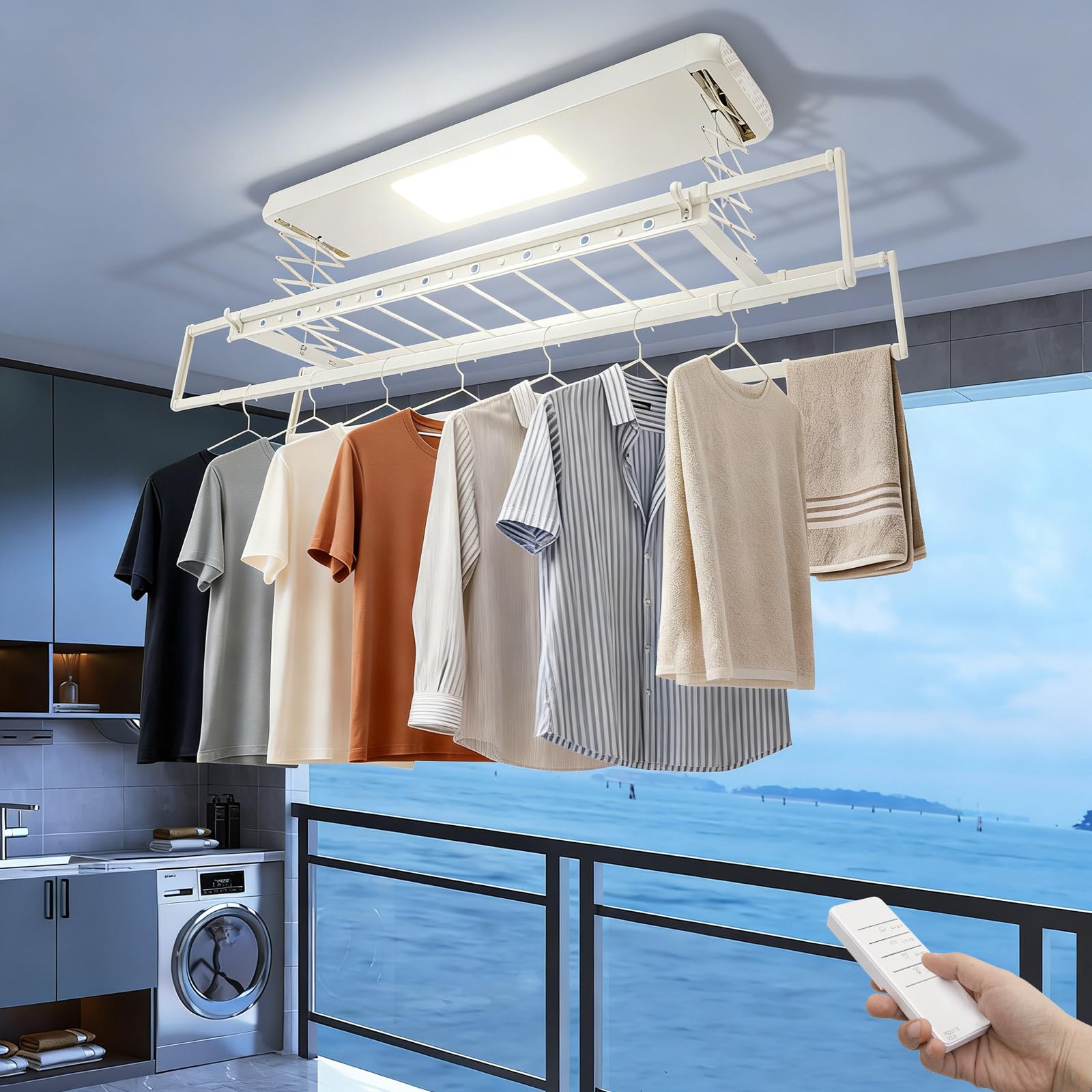 Stendibiancheria da soffitto allungabile con telecomando, asta appendiabiti regolabile 130-215 cm, illuminazione a LED, salvaspazio, per bagni, balconi, interni ed esterni