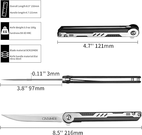 Miniatura 3 de Pocket Folding Knife, with 3.8 5CR15Mov Steel Blade, Stainless Steel Handle, EDC Slim Gentlemen knife for Outdoor, 2023 Gifts for men and women,