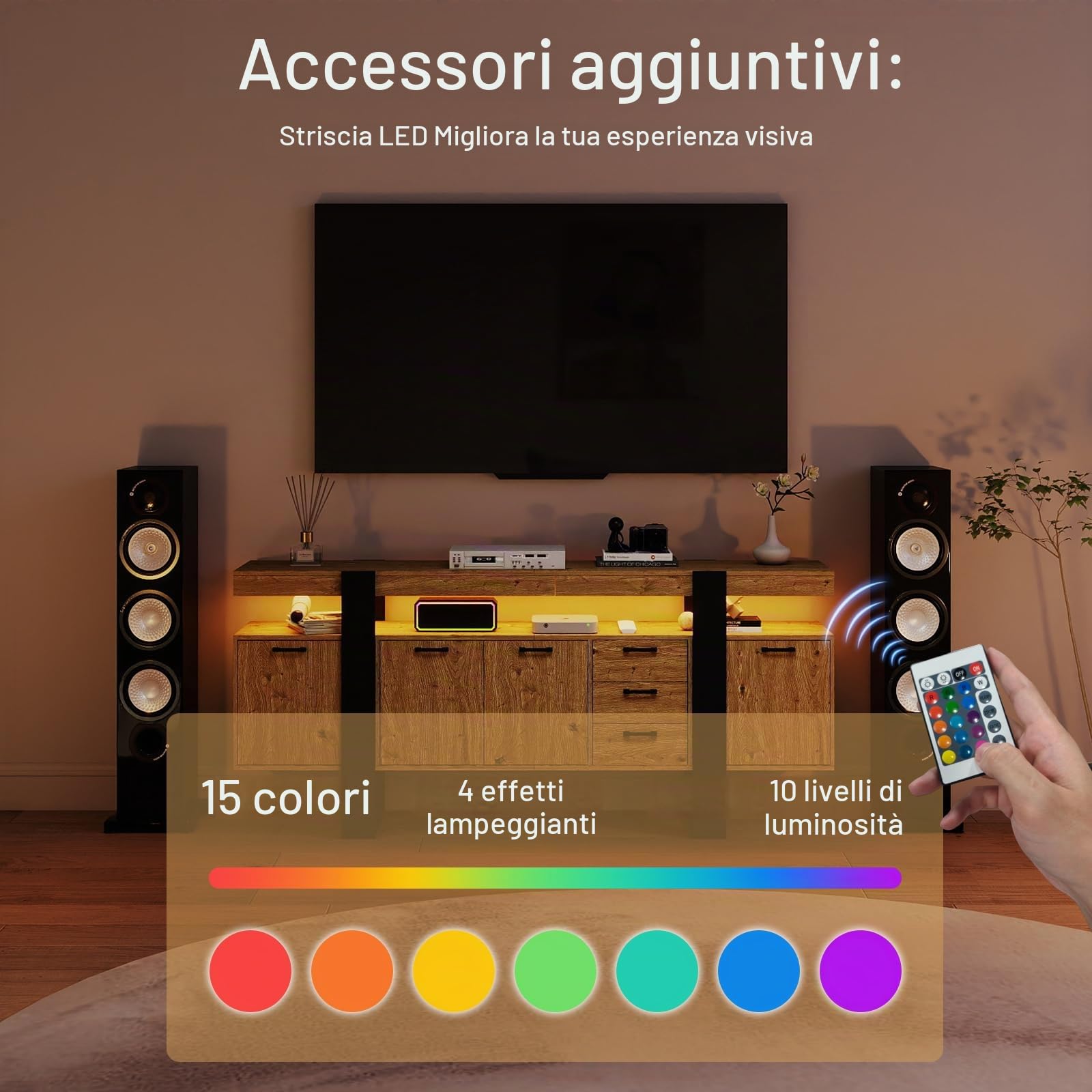 Mobile TV 180cm - Mobile TV in Stile Industriale con 2 Cassetti e 2 Ante, Illuminazione LED, Finitura Rovere Simil-Rovere + Struttura in Nero, adatto per Soggiorno/Camera(180x40x80cm)