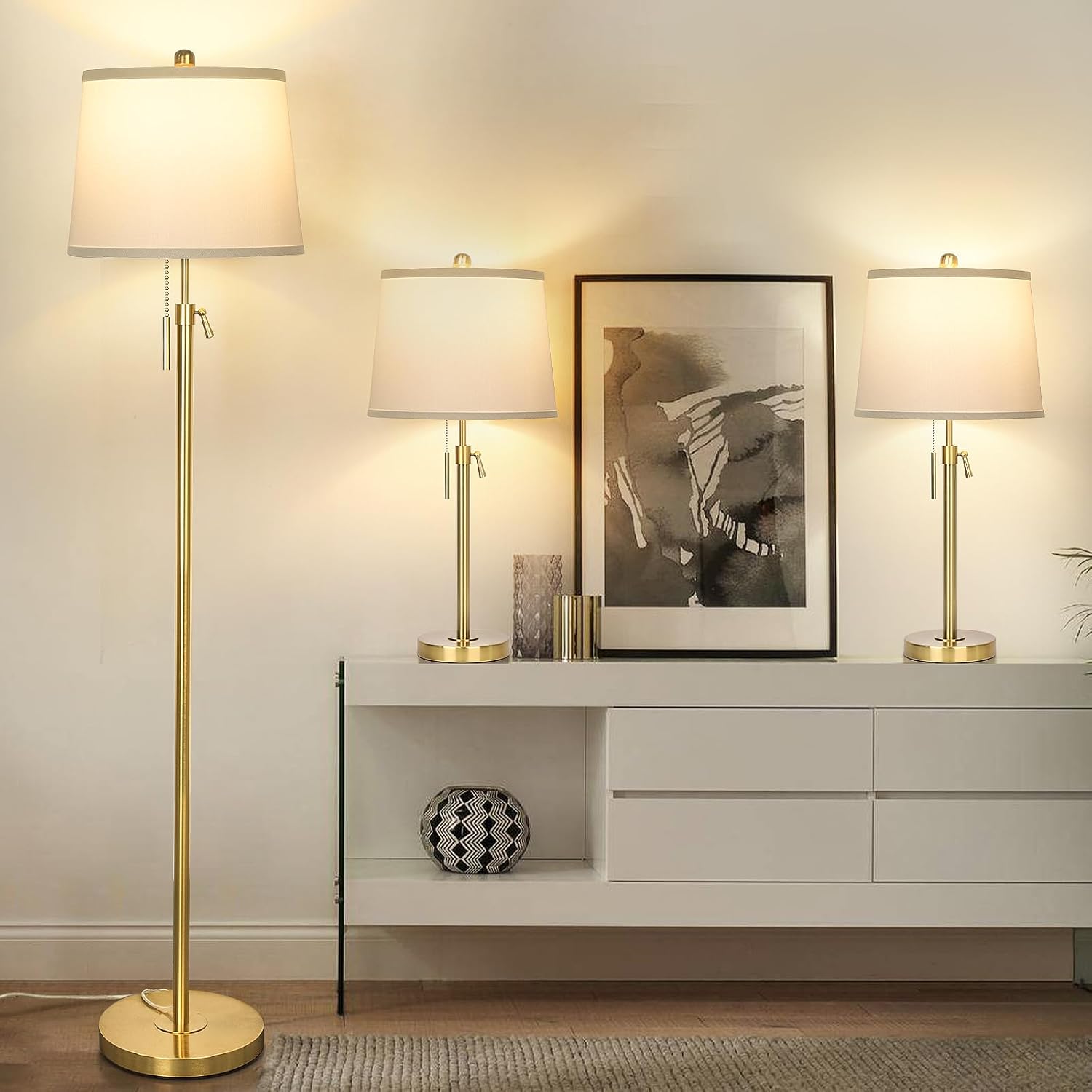 Gold Floor Lamp and Table Lamps Set of 3, Tall Standing Lamp Adjustable Height Modern Brass Lamps for Living Room Bedroom Nightstand EndTable Office Lights White Shade 3 Color 9W LED Bulbs included