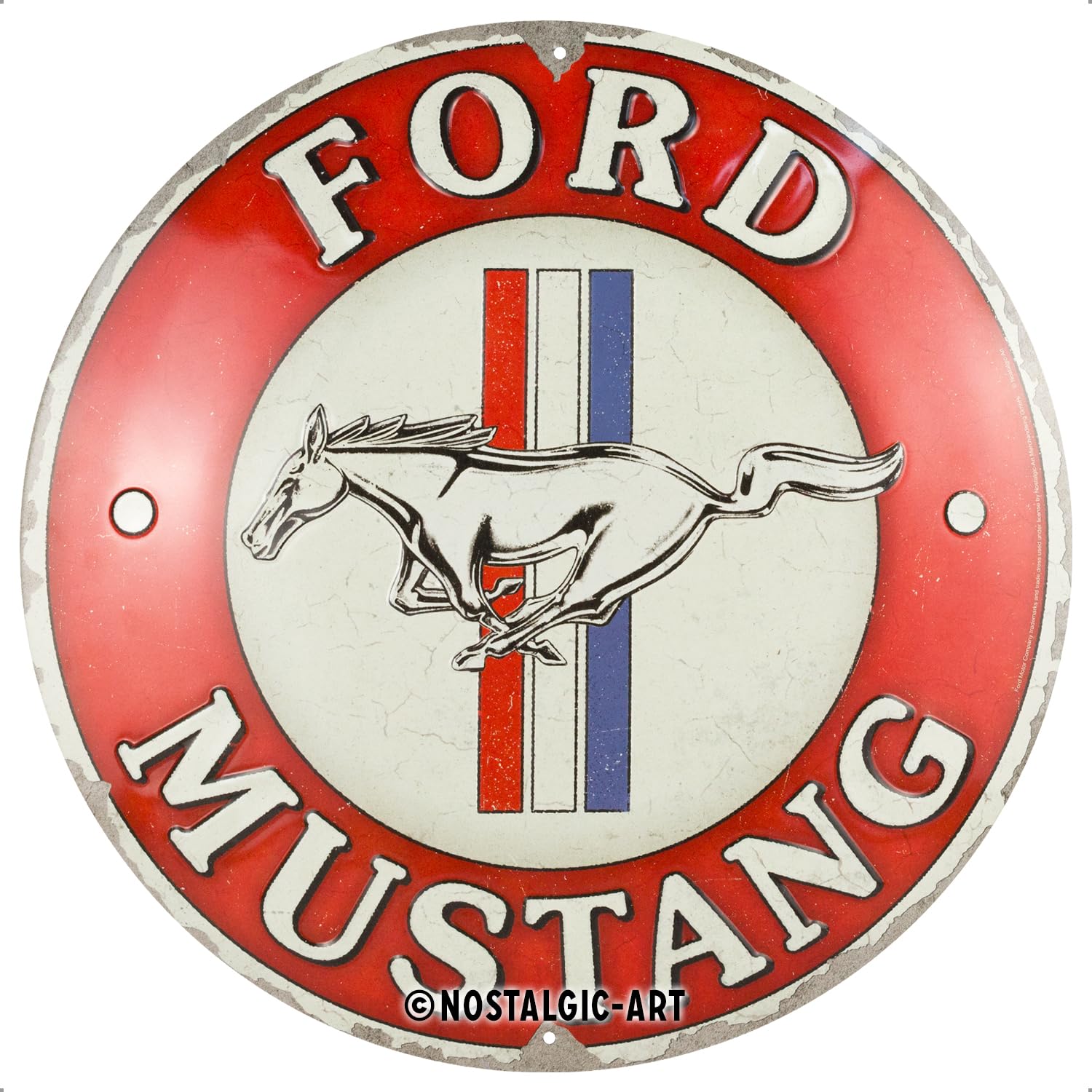 Nostalgic-Art Retro Blechschild, Ø 35 cm, Ford Mustang – 3 Stripes Red – Geschenk-Idee für Ford-Zubehör Fans, Original Lizenzprodukt (OLP), aus Metall, Vintage Design, Blechschilder Sprüche | Original Ford Lizenzprodukt (OLP), aus Metall, Vintage Design,