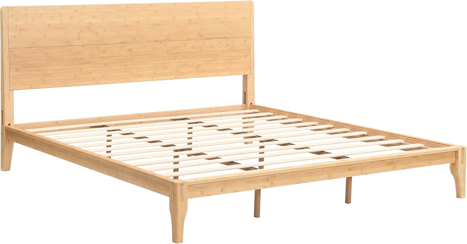 GDFStudio Mid-Century Modern King Size Platform Bed Frame, 12 Inch, Solid Bamboo Wood, Eco-Friendly Design with Wood Slat Support, No Box Spring Needed, Easy Assembly, Natural Finish
