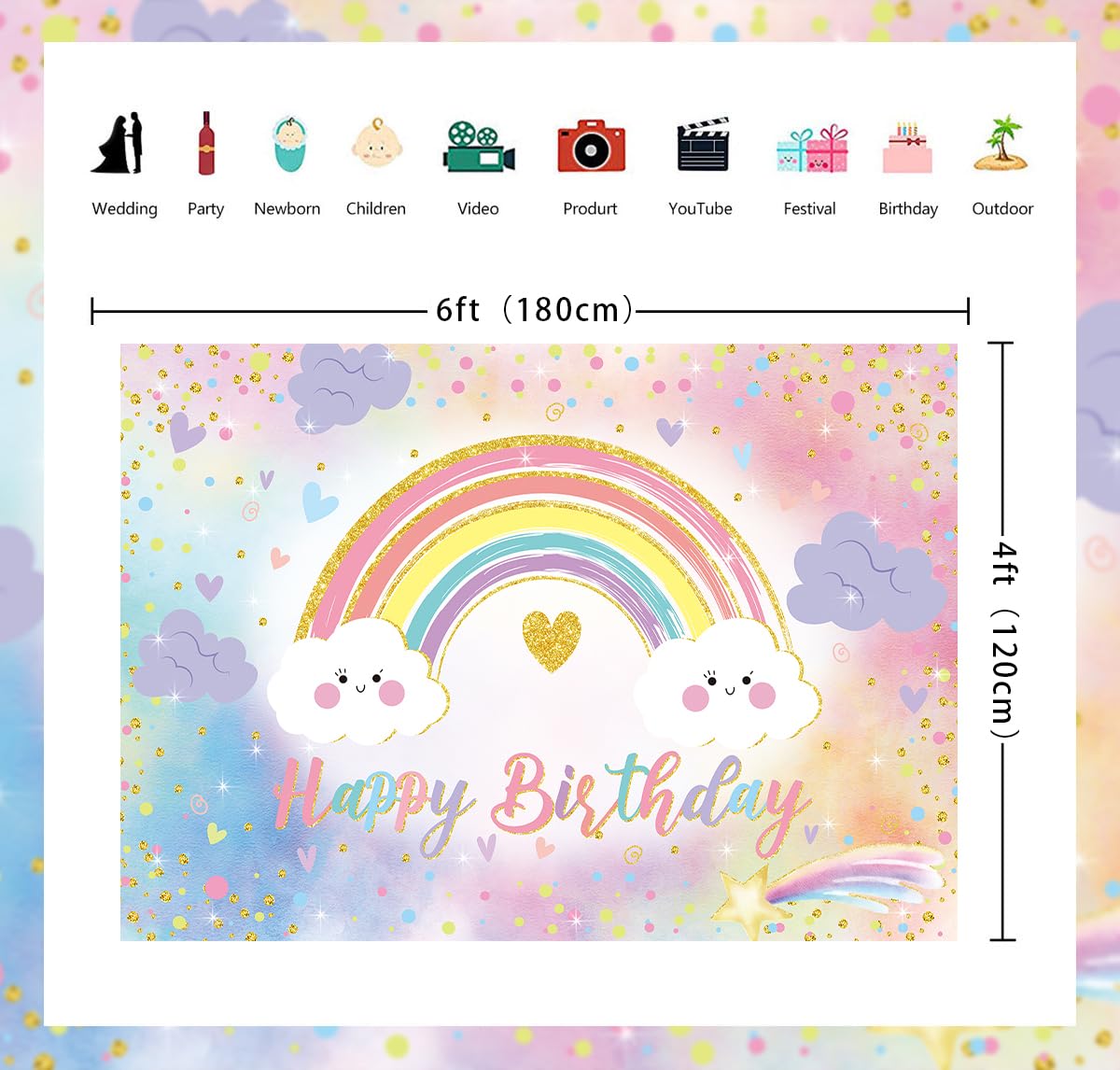Fotohintergrund Regenbogen Auf Wolke – 2,1 X 1,5 M, Vinyl, Für Kindergeburtstag, Fotografie & Partydeko