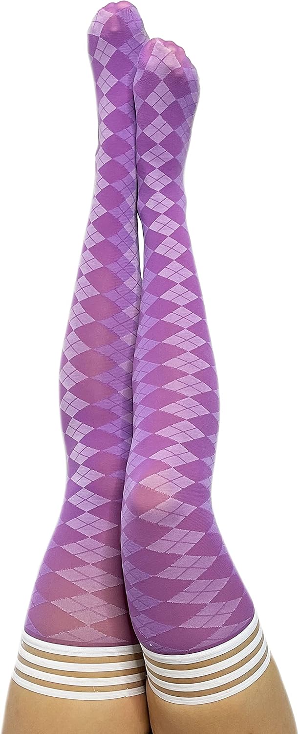 Kix'ies Thigh Highs | Thigh High Womens Stockings with No Slip Grip Stay Ups Thigh Bands | Womens Thigh High Stockings | Sexy Thigh High Stockings & Lingerie for Women (Purple Argyle 1347B)