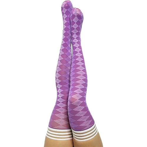 Kix'ies Thigh Highs | Thigh High Womens Stockings with No Slip Grip Stay Ups Thigh Bands | Womens Thigh High Stockings | Sexy Thigh High Stockings & Lingerie for Women (Purple Argyle 1347B)