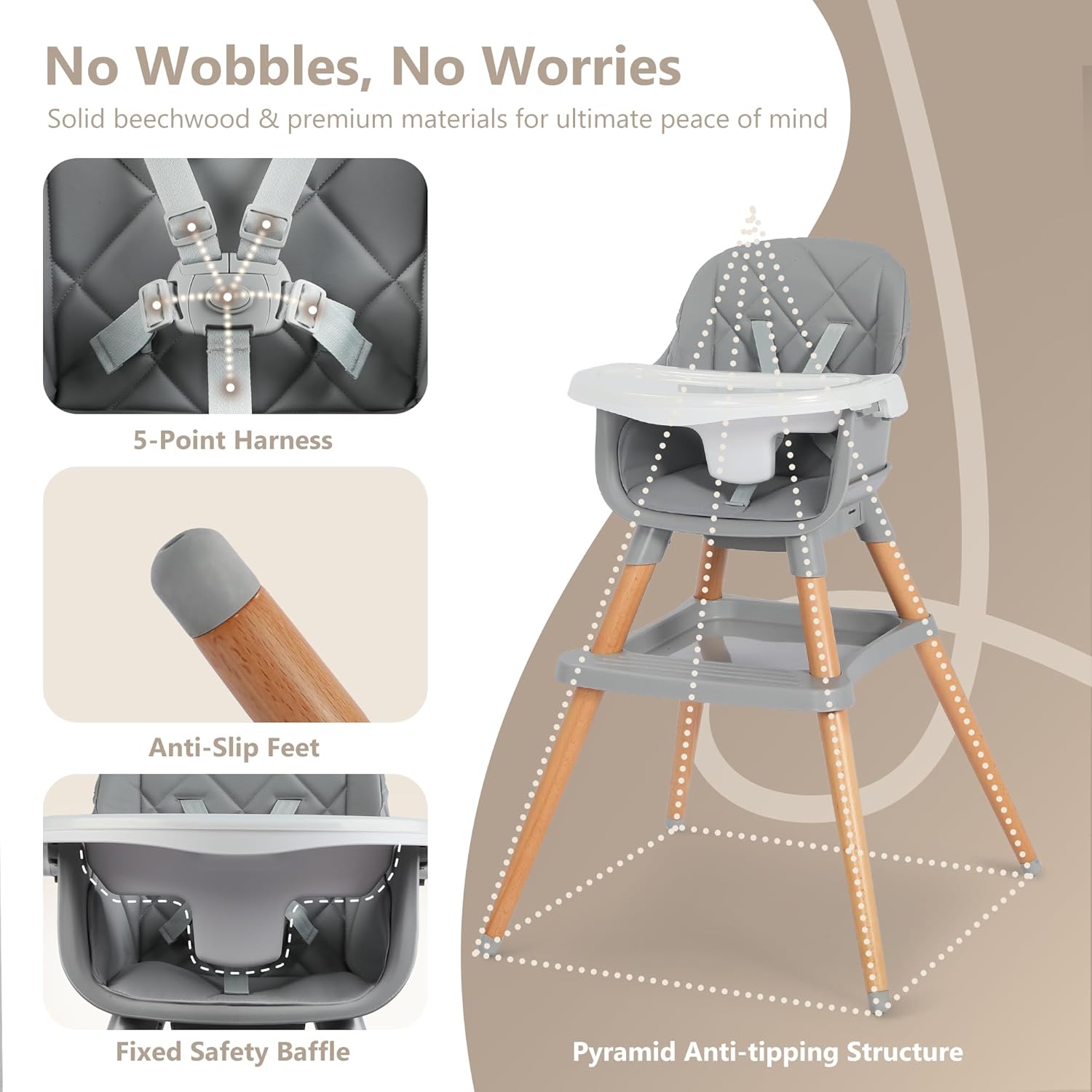 Kinder King 7 in 1 Baby High Chair for Babies and Toddlers with Large Storage Footrest, Booster Seat, Convertible Wooden High Chair with 3-Depth Double Dishwasher Safe Tray, 5 Point Harness, Gray