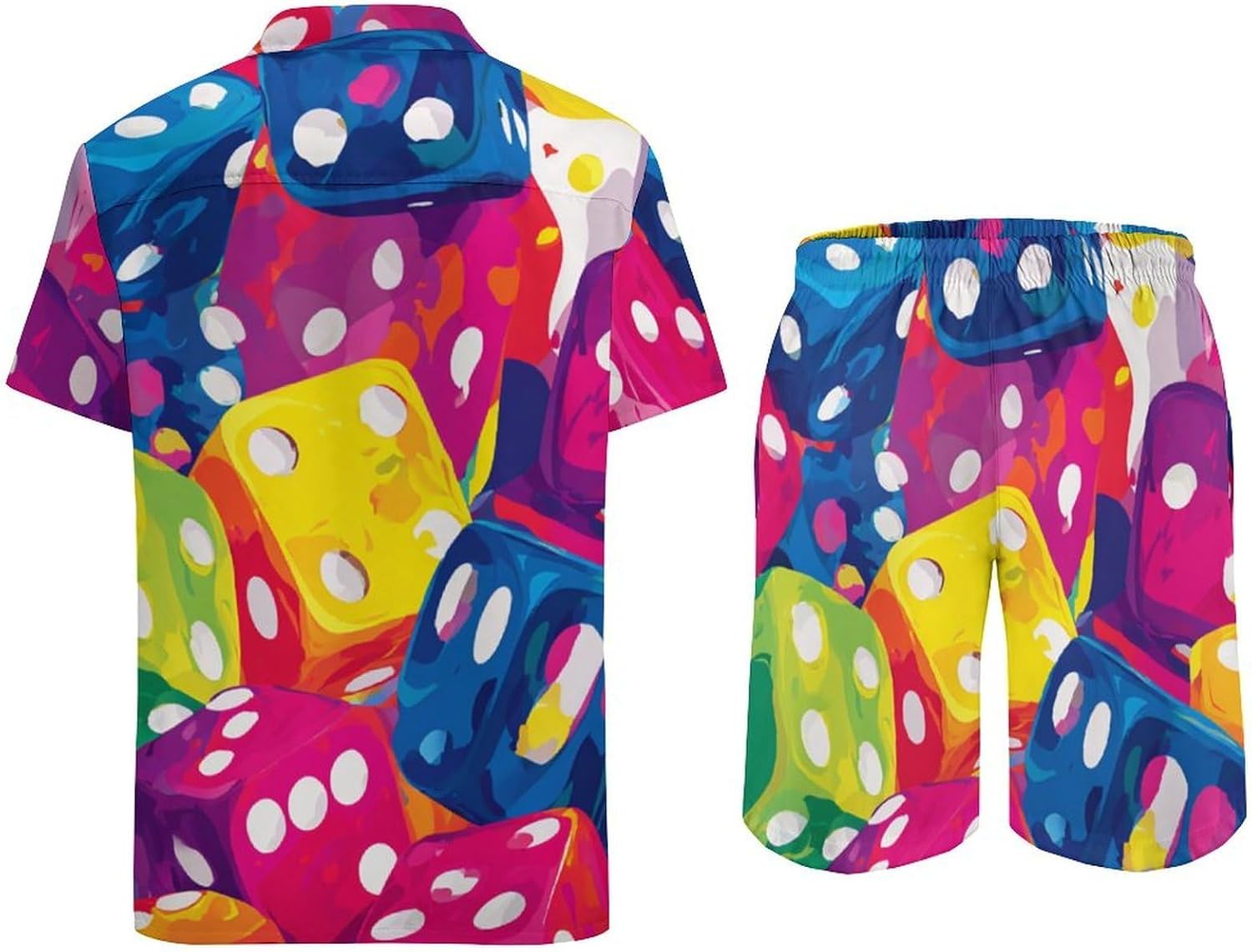 Colorful Dices Men's Summer Beach 2 Piece Outfits | hawaiian button down shirt and shorts,vacation cruise,mens bathing suit