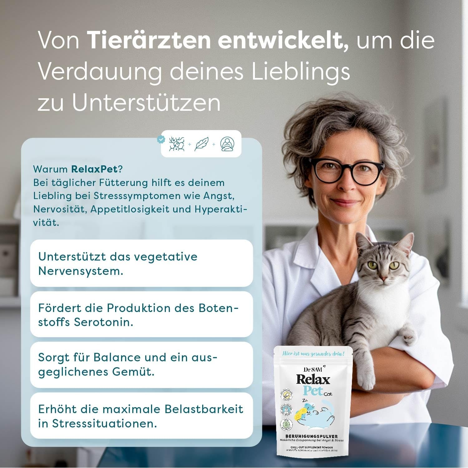 Dr. SAM Premium Anti-Stresspulver für Katzen - RelaxPet als natürliches Beruhigungsmittel für Entspannung bei Angst & Stress - Ruhe bei Reisen und Feiern - hochdosiert - 45g