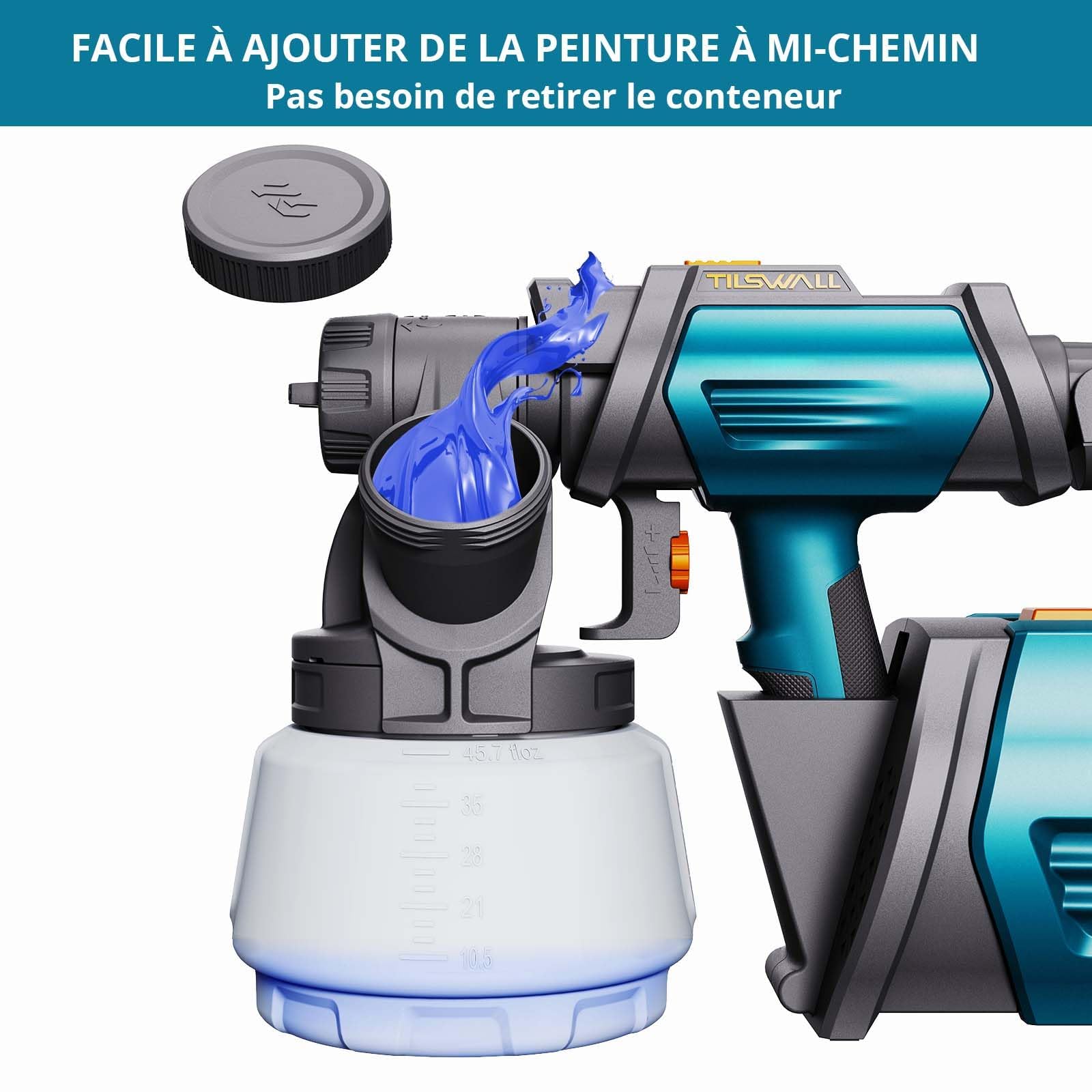 Tilswall Pistolet à Peinture Shark800, HVLP Pistolet Peinture Electrique avec 4 Buses en Cuivre et 3 Modes, Réservoir de 1300ML, Fonction Soufflage & Nettoyage, Pulvérisateur de Peinture 120 DIN-s