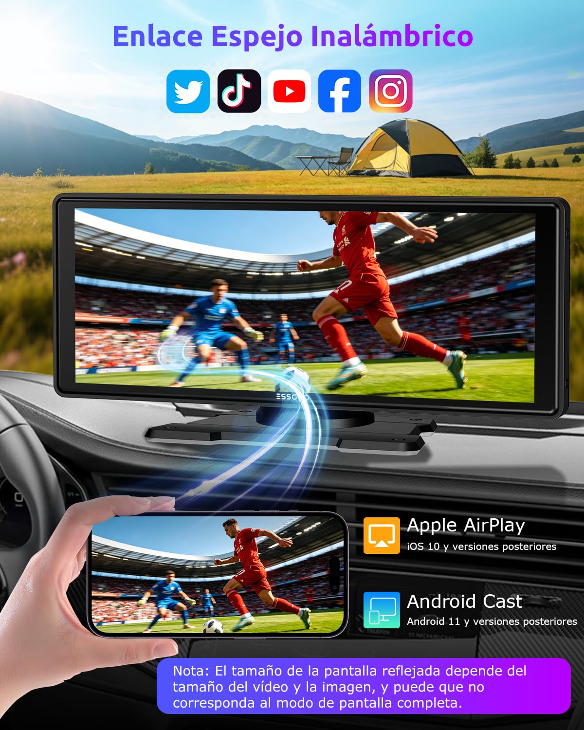 ESSGOO Pantalla Carplay Coche con Cámara Retrovisora,8 Pulgadas Apple Car Play Android Auto Inalámbrico,Pantalla Táctil Portátil Radio Coche con Bluetooth,Airplay,Mirror Link,FM,AUX,Siri,Navegación