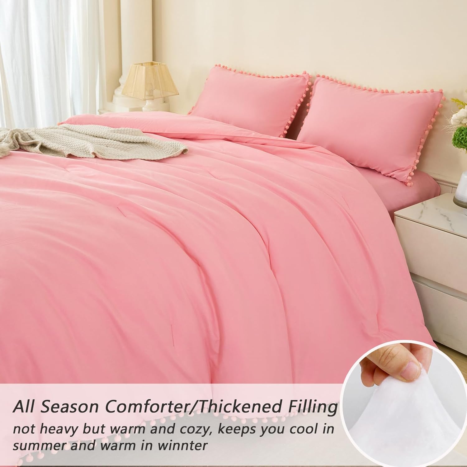 PERFEMET Coral Pink Comforter Set Twin Size 5 Pieces Pom Pom Fringe Solid Bedding Set for Girls Kids Bedroom Soft Fluffy Down Alternative Boho Bed in a Bag with Sheets(Coral Pink, Twin)