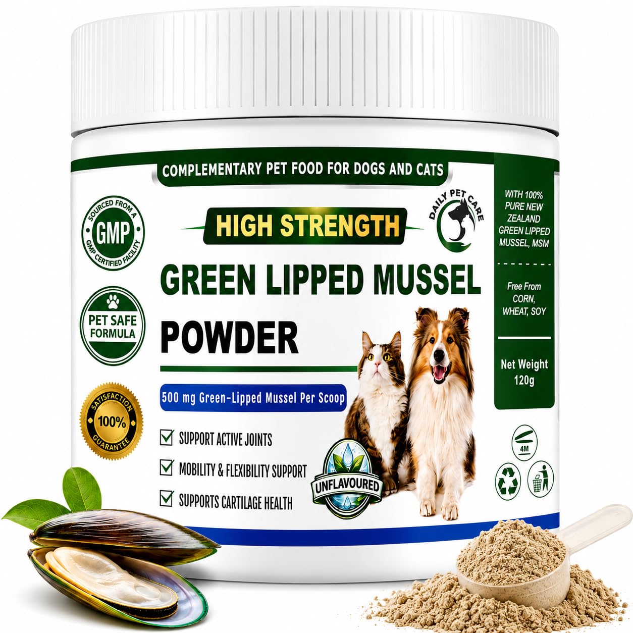 Green Lipped Mussel Powder for Dogs & Cats | 100% New Zealand Green Lipped Mussel Supplement with MSM, Glucosamine & Chondroitin | Hip & Joint Support, Mobility, Flexibility & Cartilage Care | 120g โ image 1