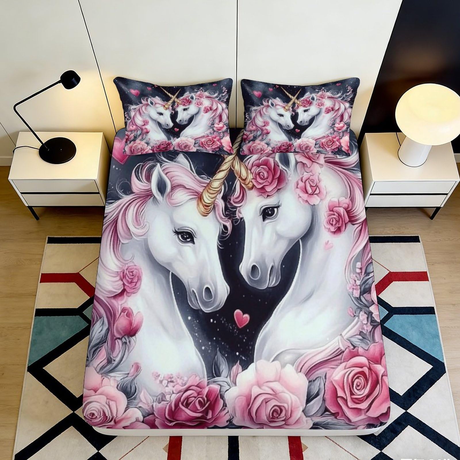 3D Printed Romantic Unicorn Fitted Sheet Microfiber Soft Floral Rose Mattress Cover for Bedroom Guest Room Decor 90x200x25cm