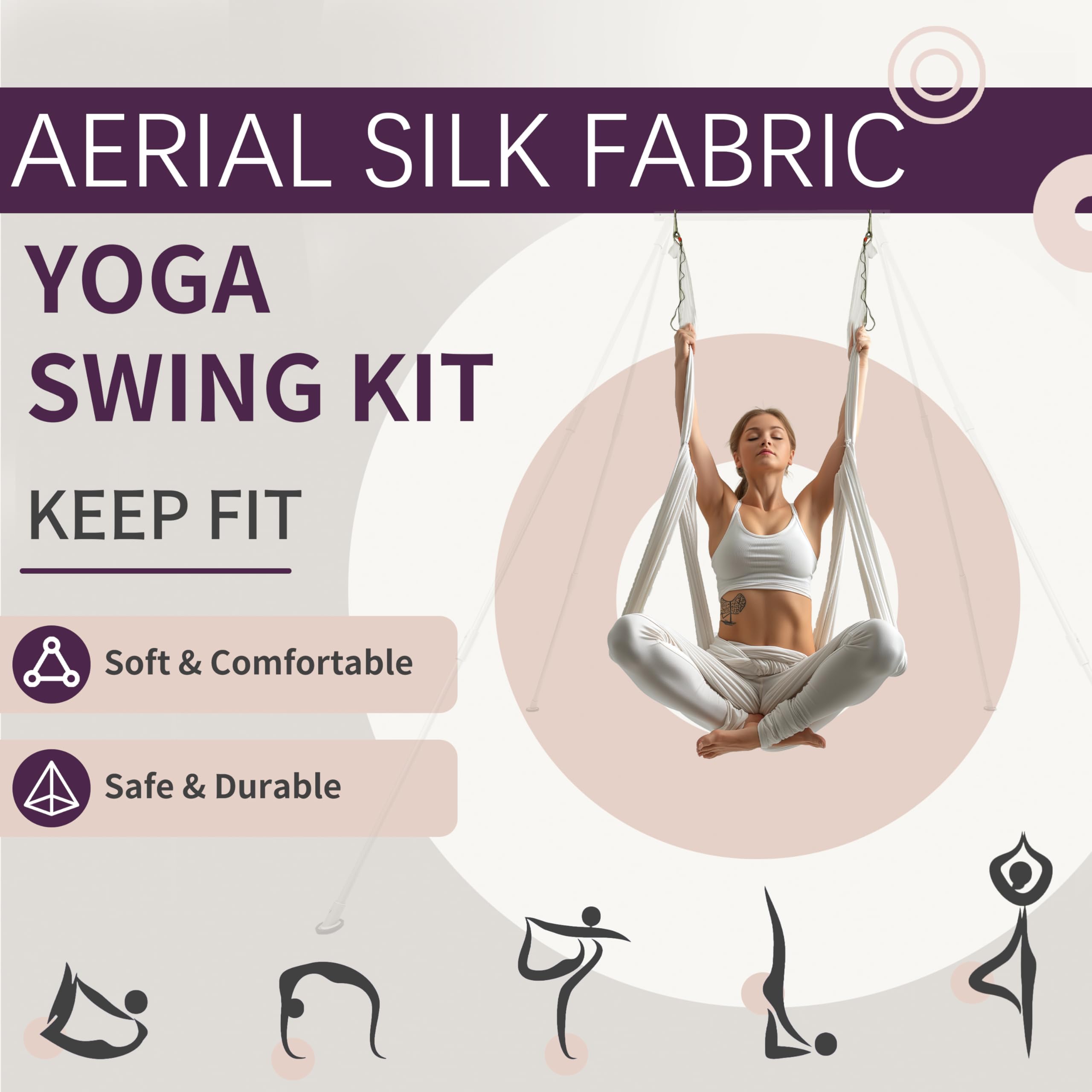 Kojem 6.56 Yards Aerial Silk Fabric Yoga Swing Kit For Fitness Yoga Inversions Flexibility Core Strength White