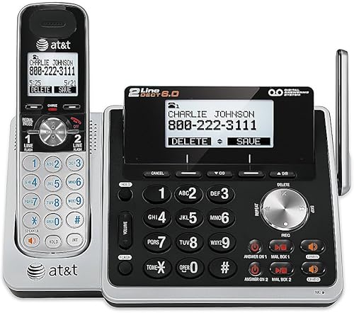 AT&T TL88102 DECT 6.0 Digital 2-Line teléfono inalámbrico con contestador, plata/negro