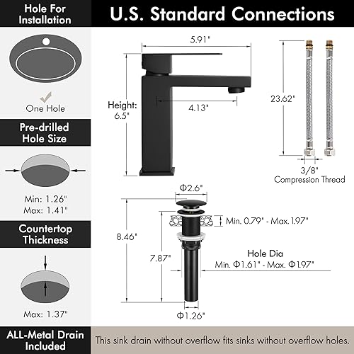 Miniatura 6 de KES Grifo de baño negro y desagüe de lavabo de baño con desbordamiento, grifo de un solo orificio certificado por cUPC con tapón de drenaje