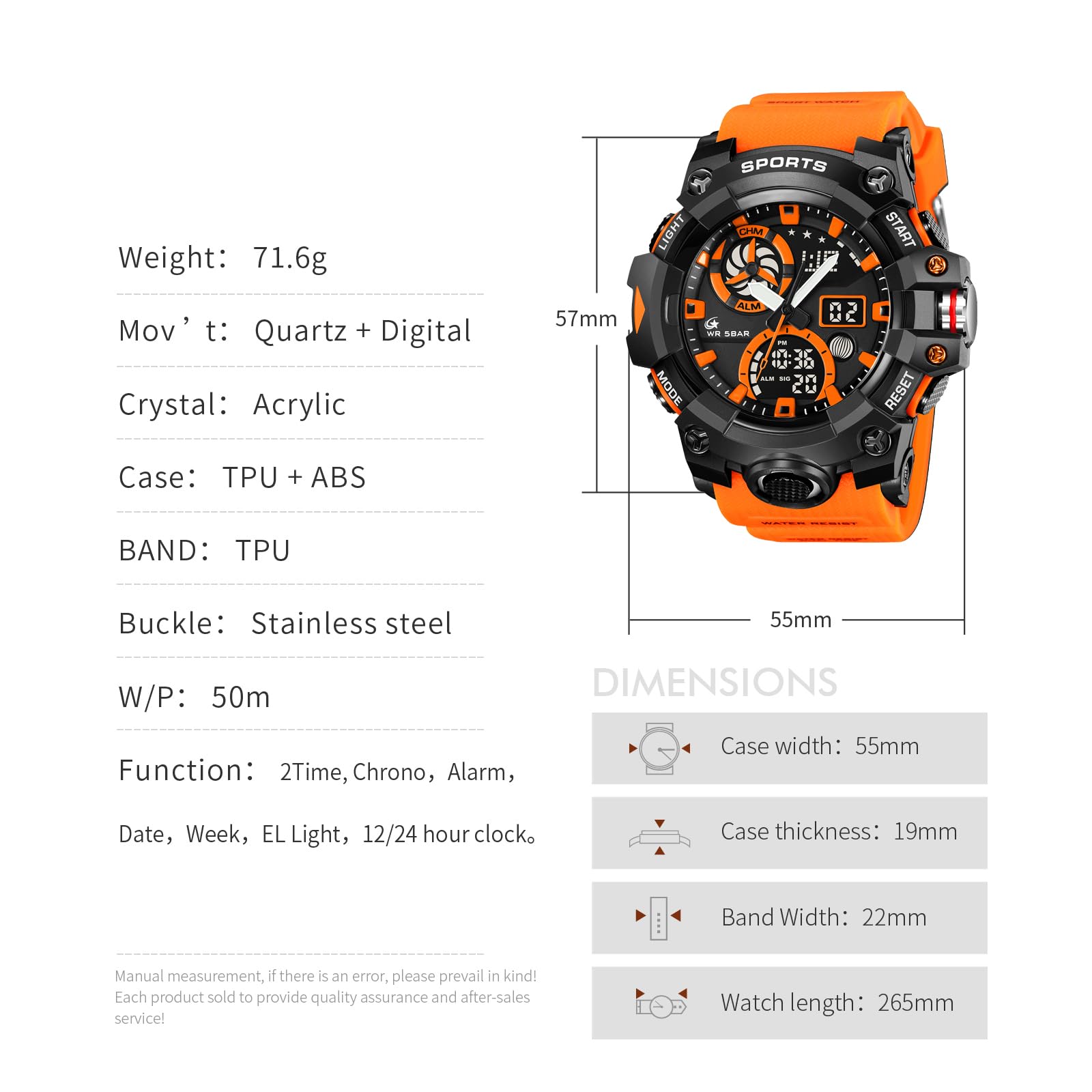 Orologio analogico digitale da uomo, sportivo, arancione, robusto, quadrante grande, doppio quadrante, retroilluminazione a LED, sveglia, cronometro, orologio da polso per allenamento, escursionismo