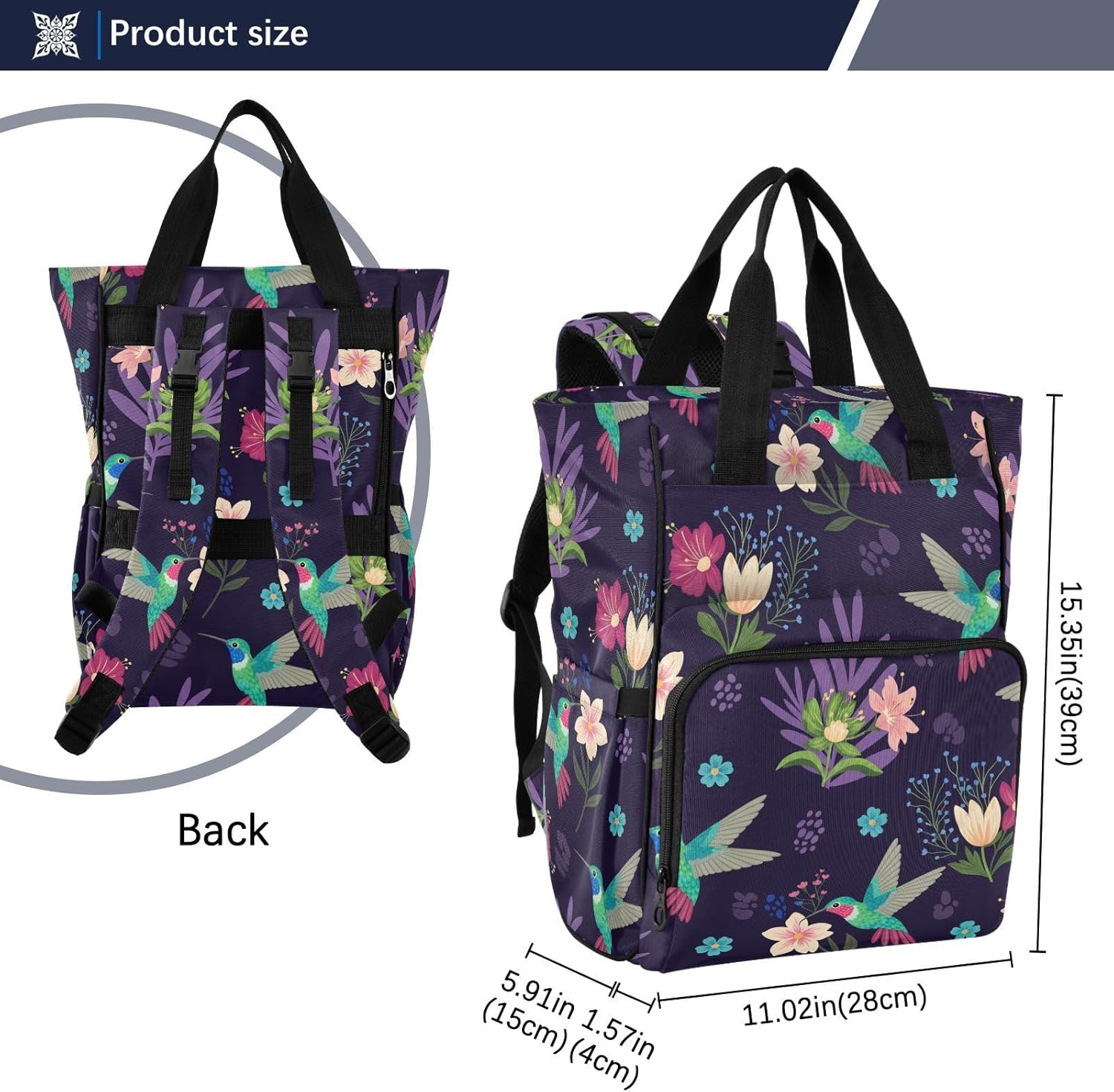 Tropical Flowers Hummingbirds Purple Pattern Diaper Bag Backpack for Baby Boys Girls Multifunction Baby Essentials Travel Tote with Stroller Straps & Bottle Storage Maternity Travel Bag for Baby