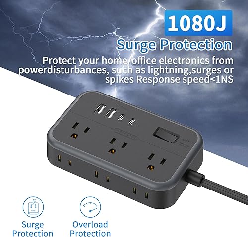 Miniatura 8 de NTONPOWER - Cable de extensión de enchufe plano ultrafino 10 en 1 con 4 puertos USB (incluye 2 USB C) protector de sobretensiones con cable plano, 6