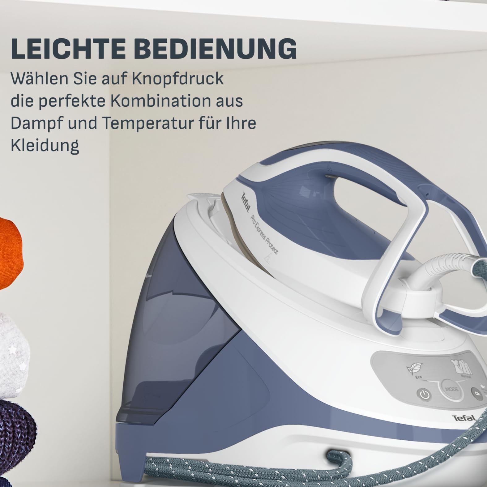 Tefal Pro Express Protect Dampfbügelstation, 7,6 Bar Dampfdruck, variable Dampfmenge: 140 g/Min., Dampfstoß: 550 g/Min., Anti-Kalk-Kollektor, vertikale Dampffunktion, blaugrau/weiß, GV9225