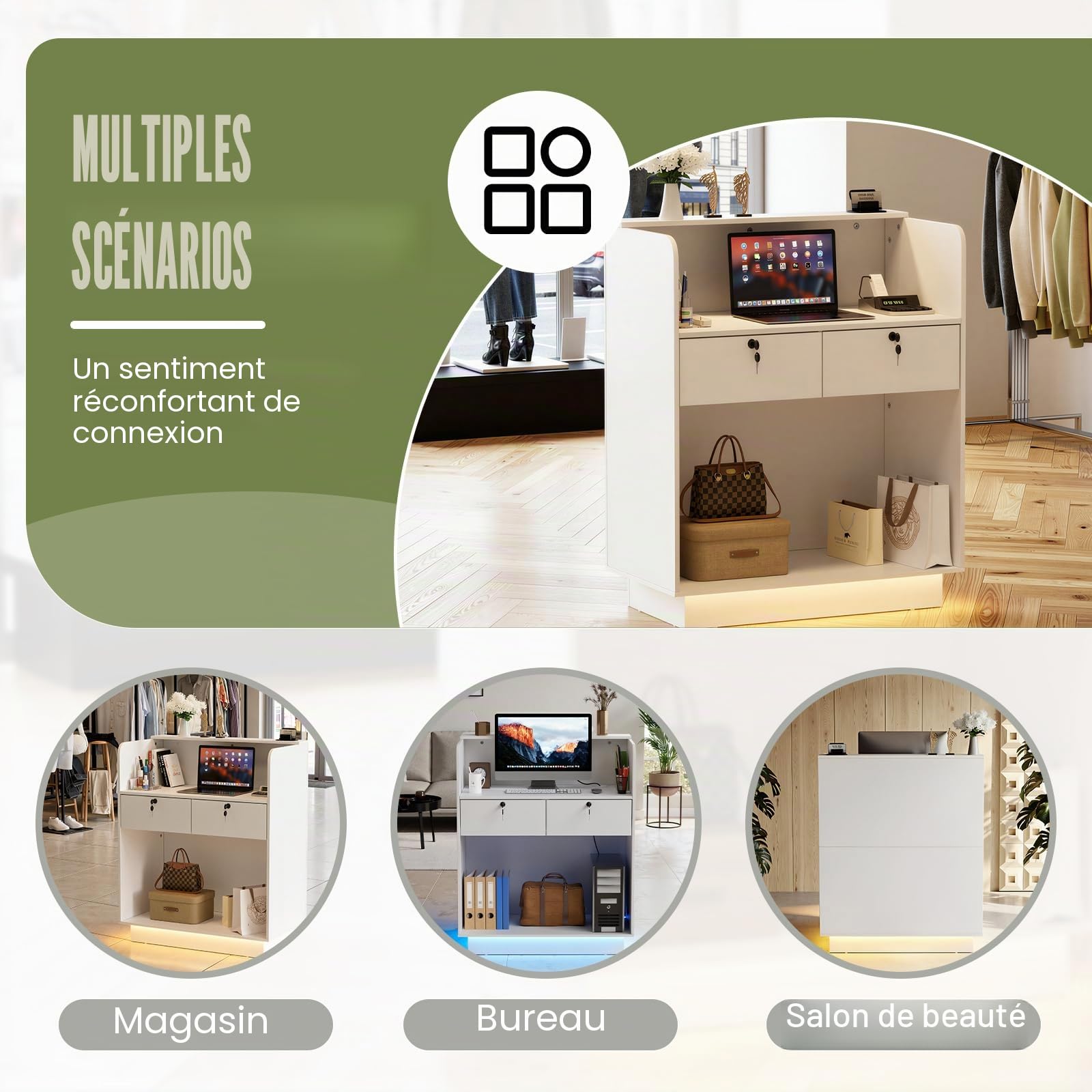 MSFE Comptoir Réception avec LED, Petit Comptoirs Caisse avec Tiroirs Verrouillables, Comptoir Accueil, Simple Moderne Mobilier de Bureau d'accueil pour la Maison, Le Bureau, Le Salon,103X80X45cm