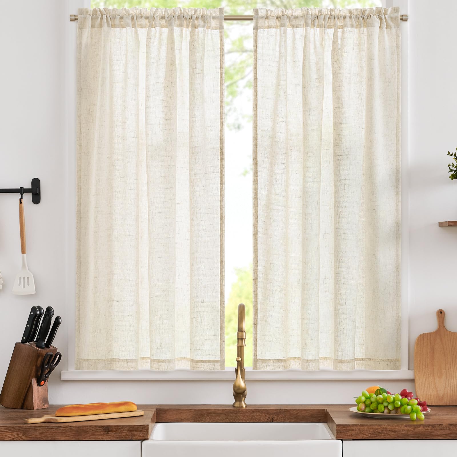 TOPICK Crude Linen Look Kitchen Curtains, Cafe Curtains 2 PCS, W50xL54 Inch
