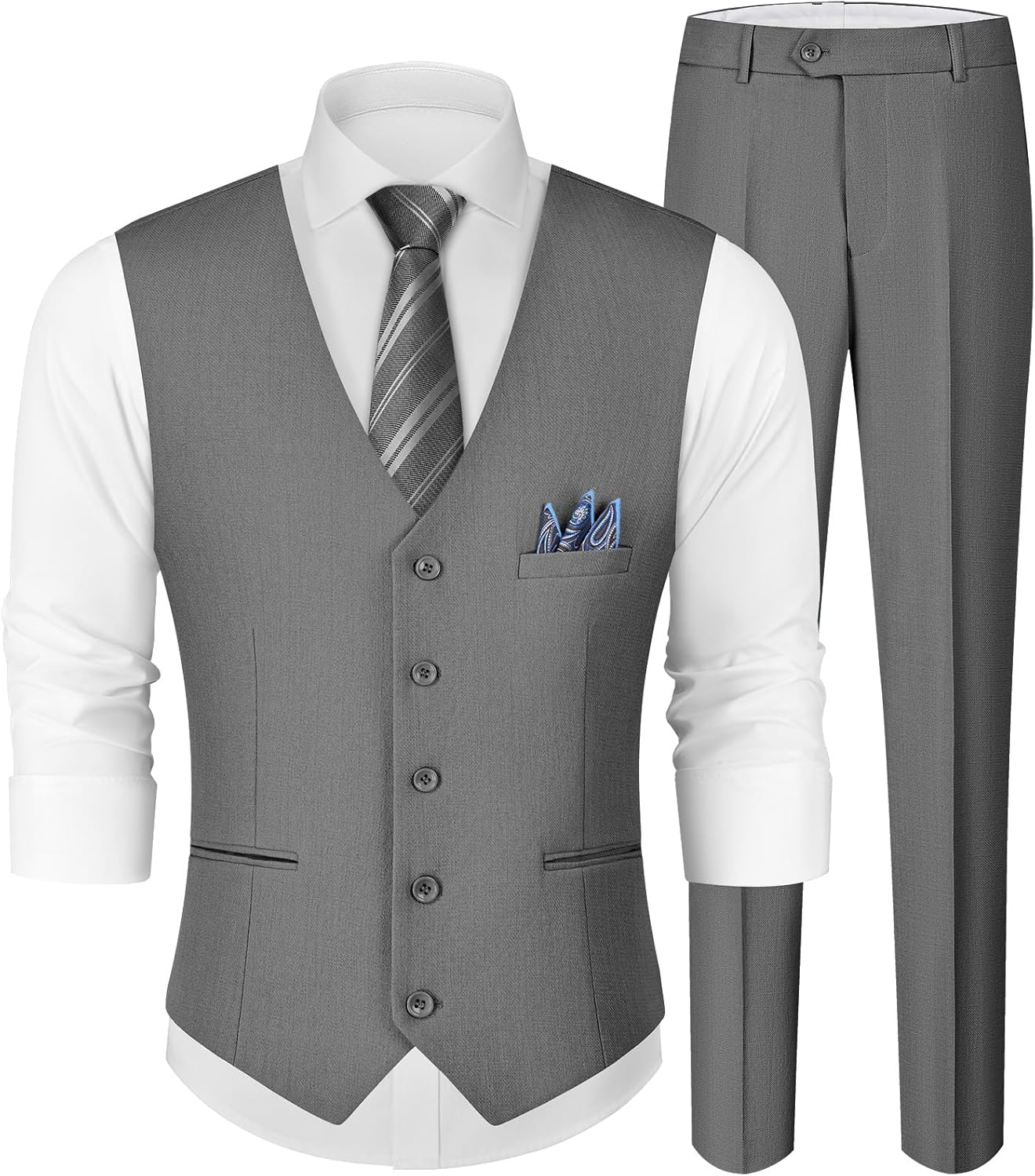 MAGE MALE Men's Linen 2 Piece Suit Slim Fit Wedding Groomsmen Summer Vest Pants Set with Pocket Square