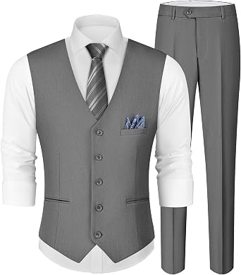 MAGE MALE Mens Linen 2 Piece Suit Slim Fit Wedding Groomsmen Summer Vest Pants Set with Pocket Square