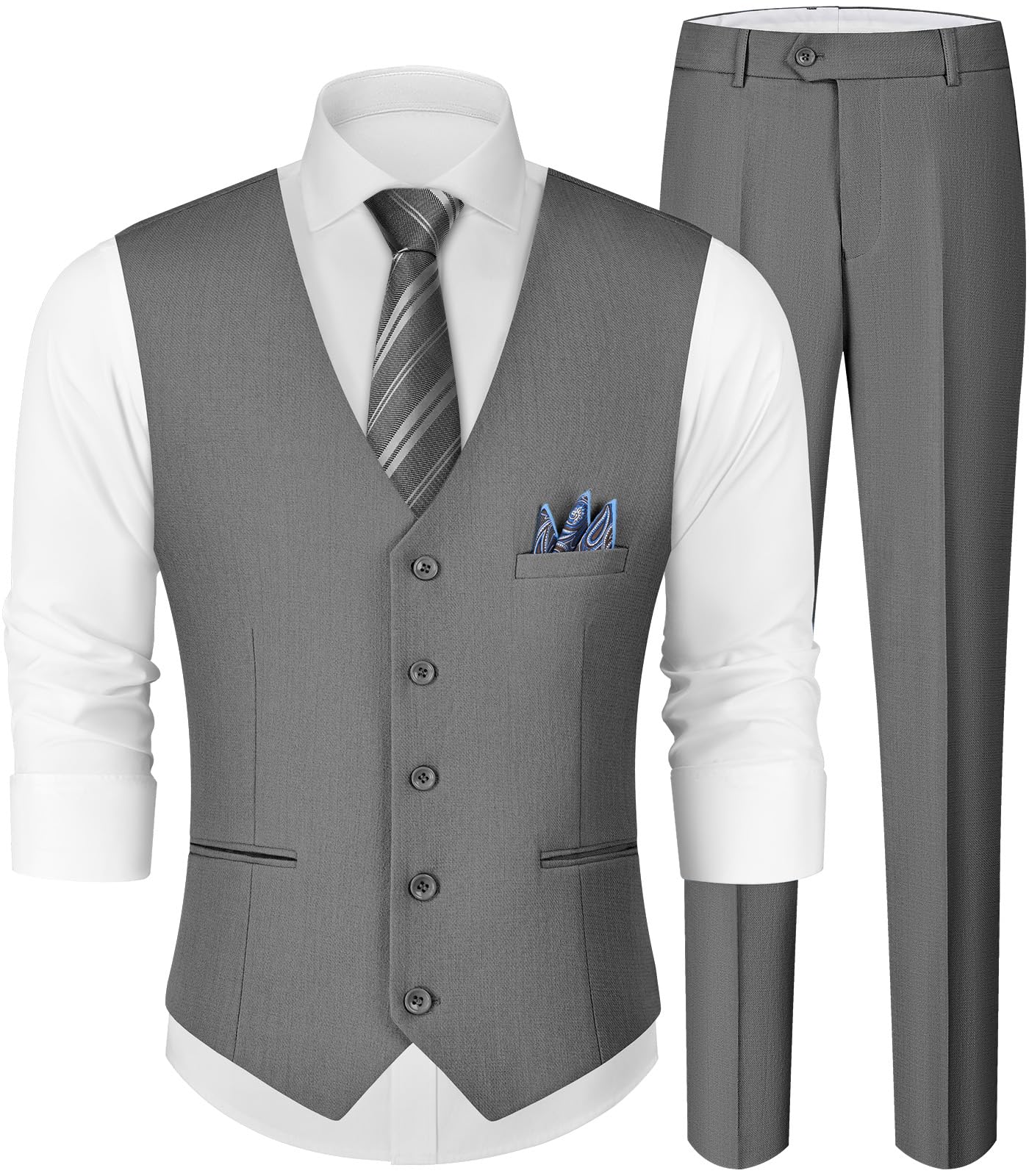 MAGE MALE Men's Linen 2 Piece Suit Slim Fit Wedding Groomsmen Summer Vest Pants Set with Pocket Square