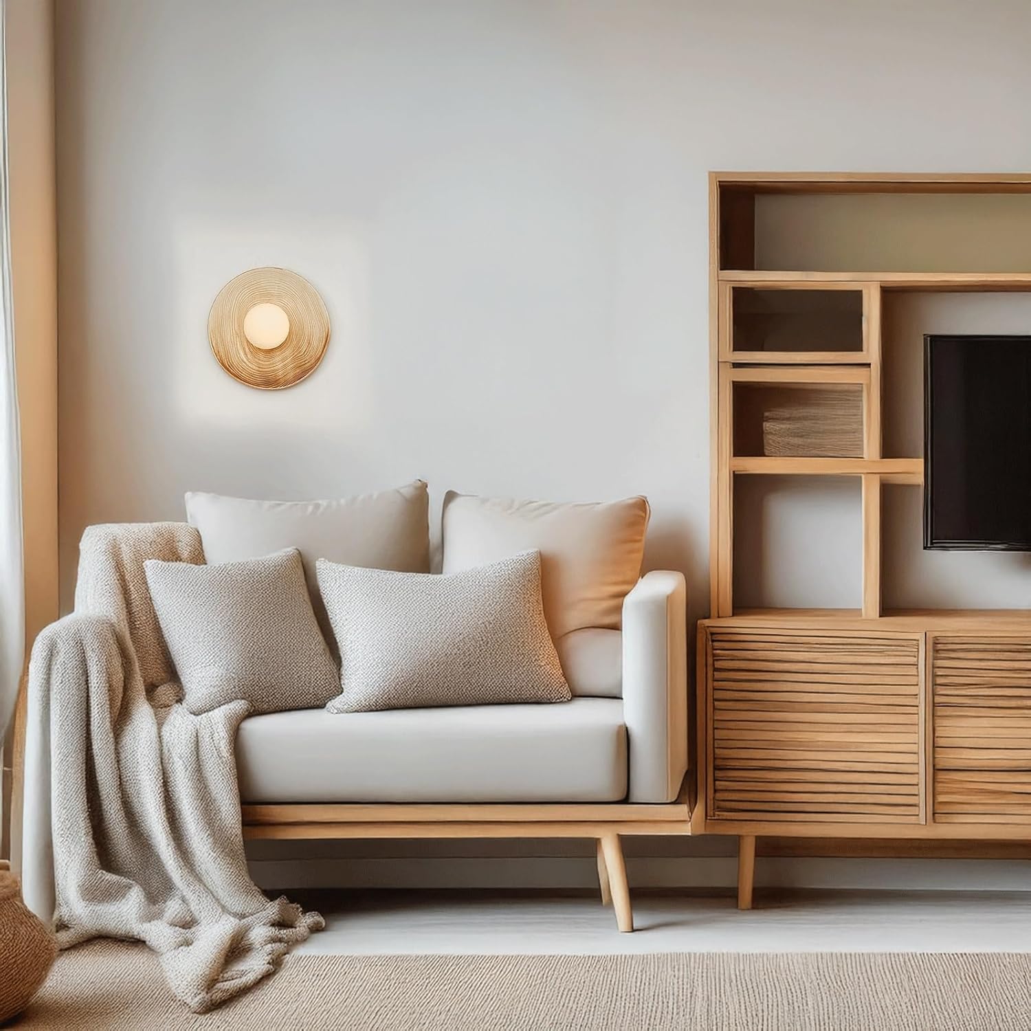 Wall Sconce Modern Artistic Ceramic Shade Wood Base Wall Light Ringed Textured Hardwired Indoor Wall Lamp Decorative Ambient Lighting Fixture for Bedroom Lounge Hallway Wall Mounted Light