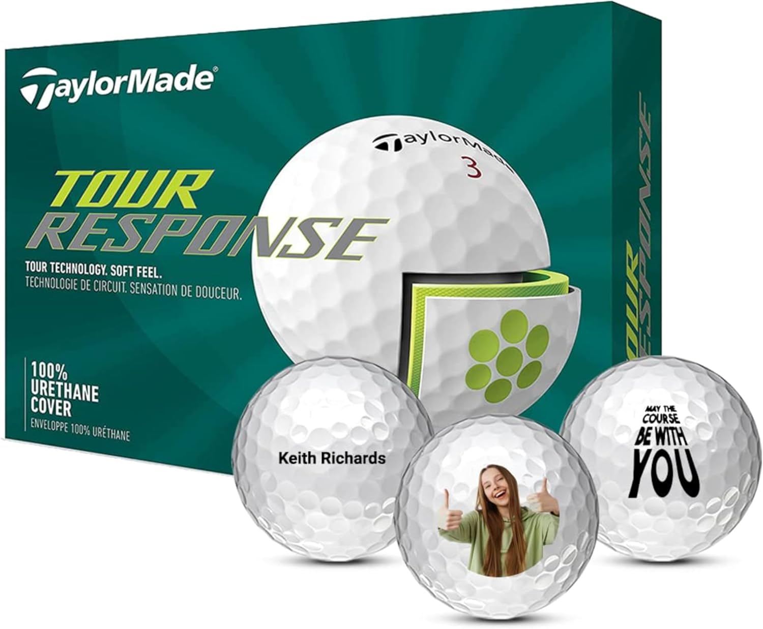 Taylormade Taylormade Tour Response Custom Personalized Logo Golf Balls, 3-Piece Construction, Urethane Cover, 12 Pack