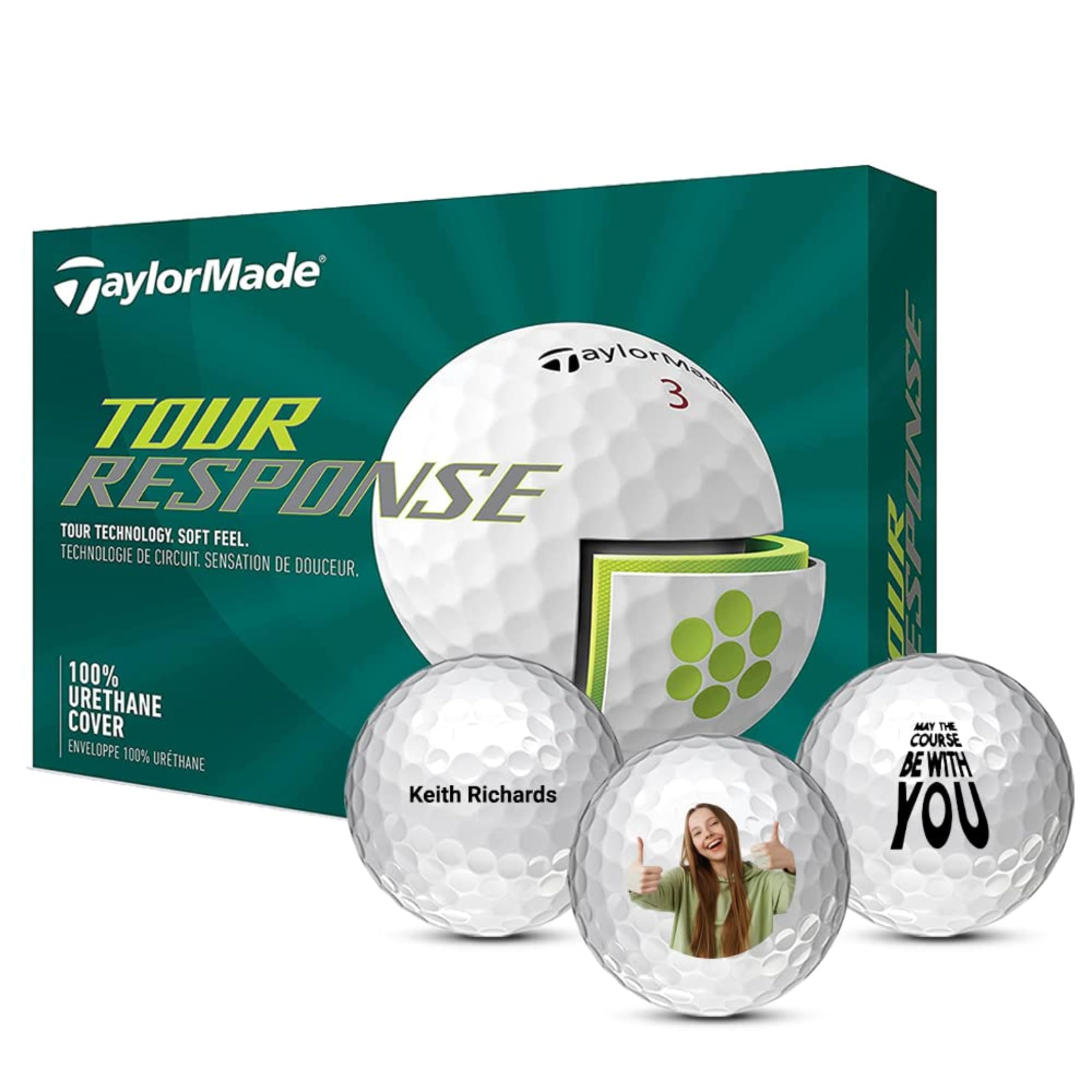 Taylormade Taylormade Tour Response Custom Personalized Logo Golf Balls, 3-Piece Construction, Urethane Cover, 12 Pack