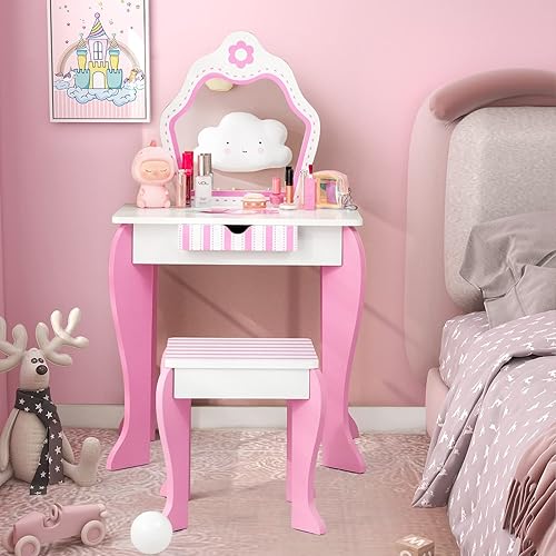 Miniatura 26 de KOTEK Tocador para niños con espejo y taburete, juego de tocador de madera de princesa 2 en 1 con parte superior desmontable y cajón de