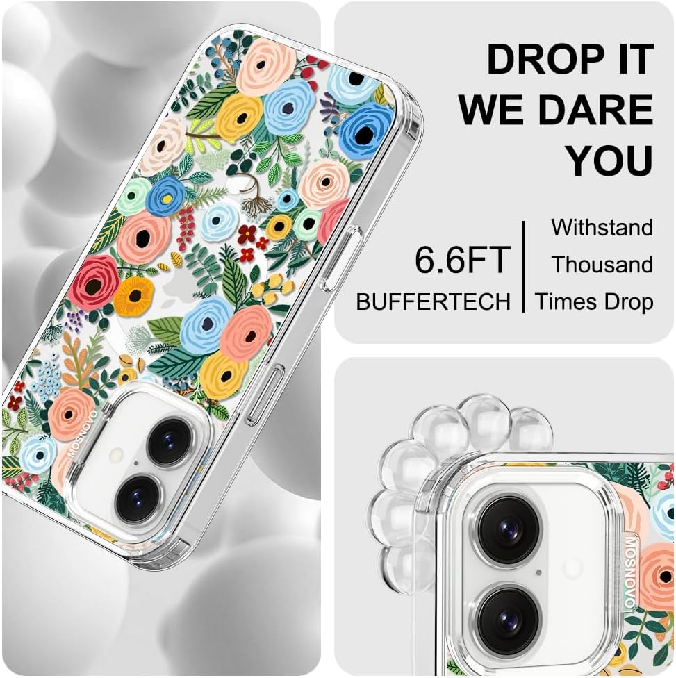 MOSNOVO for iPhone 17 Case | Compatible with Magsafe | Military Grade 6.6ft Drop Tested | Camera Control | Clear with Pastel Floral Garden Design