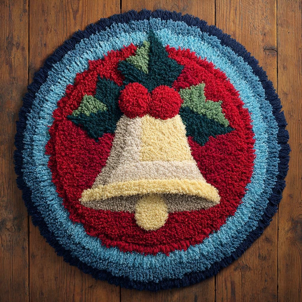 WallustrioaW DIY Latch Hook Rug Kits Christmas Bells Round Carpet Crochet Yarn Craft Rug Hook and Latch Tapestry for Home Decor 50x50cm