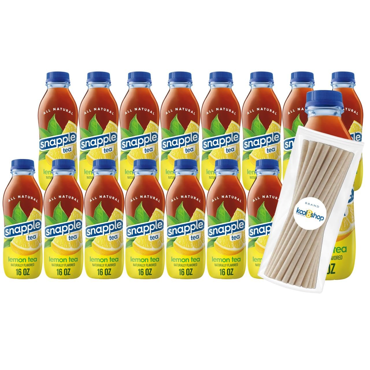 Snapple Lemon Tea All Natural Fruit Juice 16 fl oz Plastic Bottles 16 Pack + 15 Sugarcane Disposable Straws by KOOL8SHOP Infinite Deals