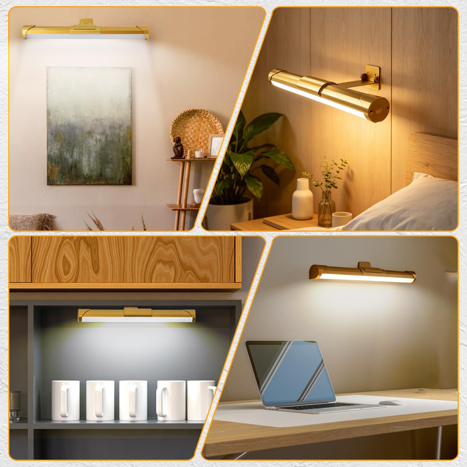 Kabellose Bilderleuchte, 2er-Pack magnetische LED-Kunstdisplayleuchte mit Timerfunktion, Fernbedienung und Touch-Steuerung, stufenlos dimmbares Licht für Wandbilder, Badezimmerspiegel (Gold)