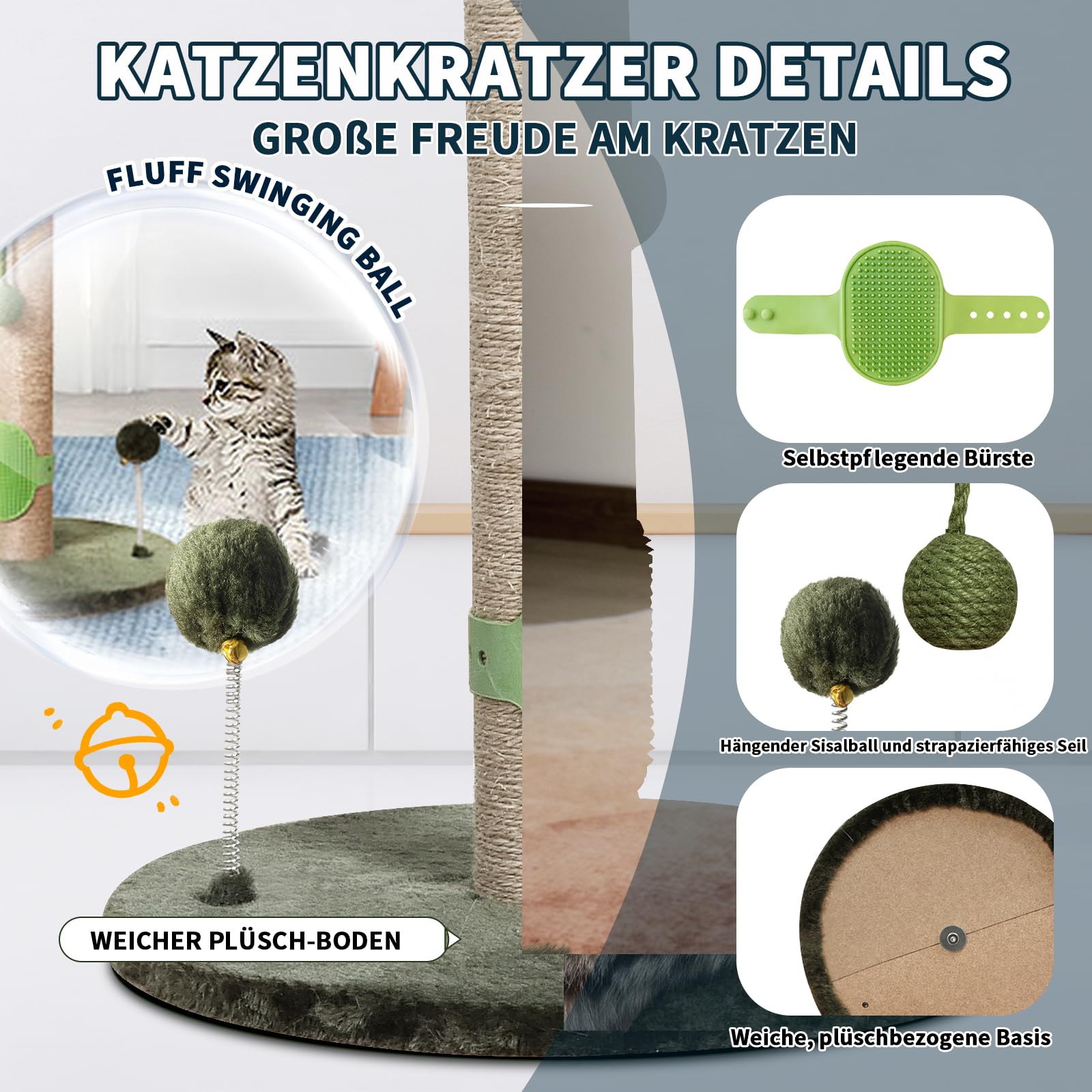 Meowoou Kratzsäule, 84 cm Kratzstamm, Ausgewachsene Katzen und Kätzchen, Hoher Kratzbaum mit Sisalseil, Niedlicher Katzenkratzbaum mit Spielball