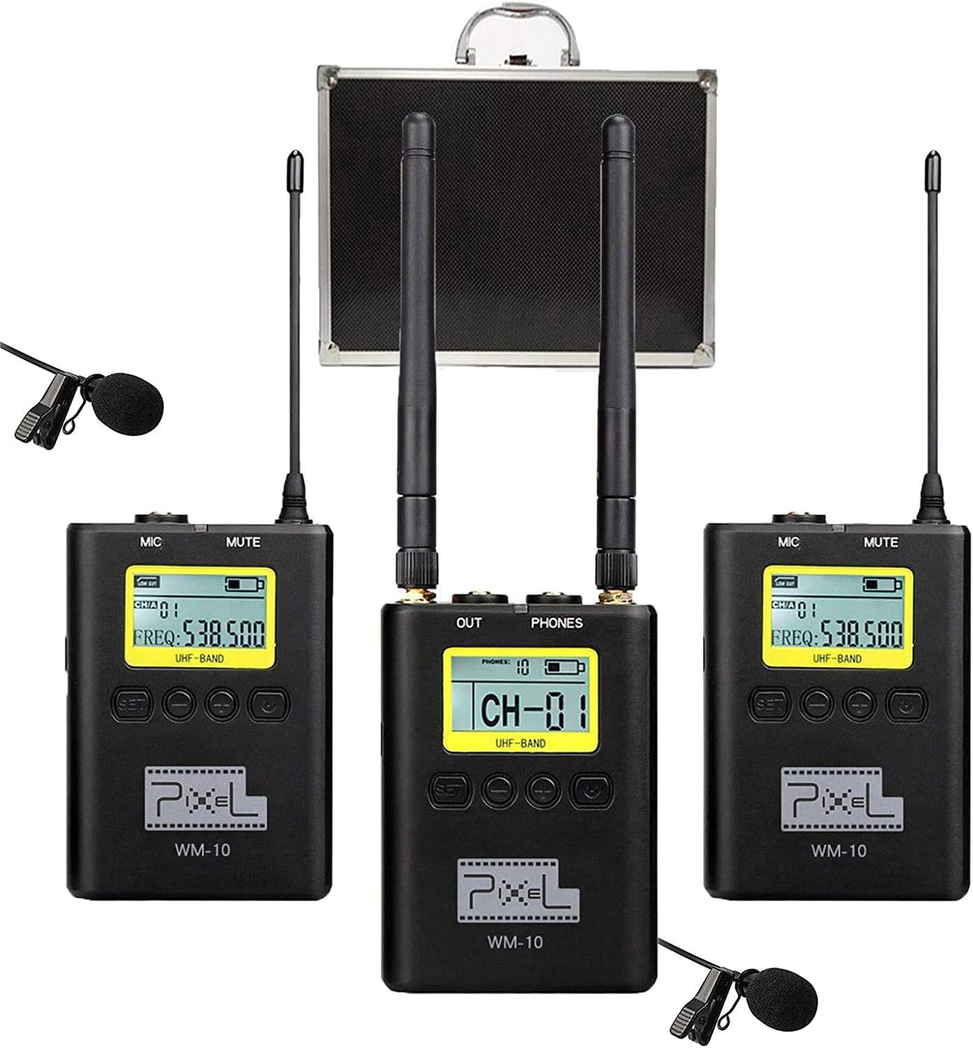 Pixel WM-10-100 Channels UHF Wireless Lavalier Microphone System Dual Lavalier Microphone Real-time Monitor with Camera Mount for Interview, Canon, Sony, Nikon, Panasonic, DSLR, DV