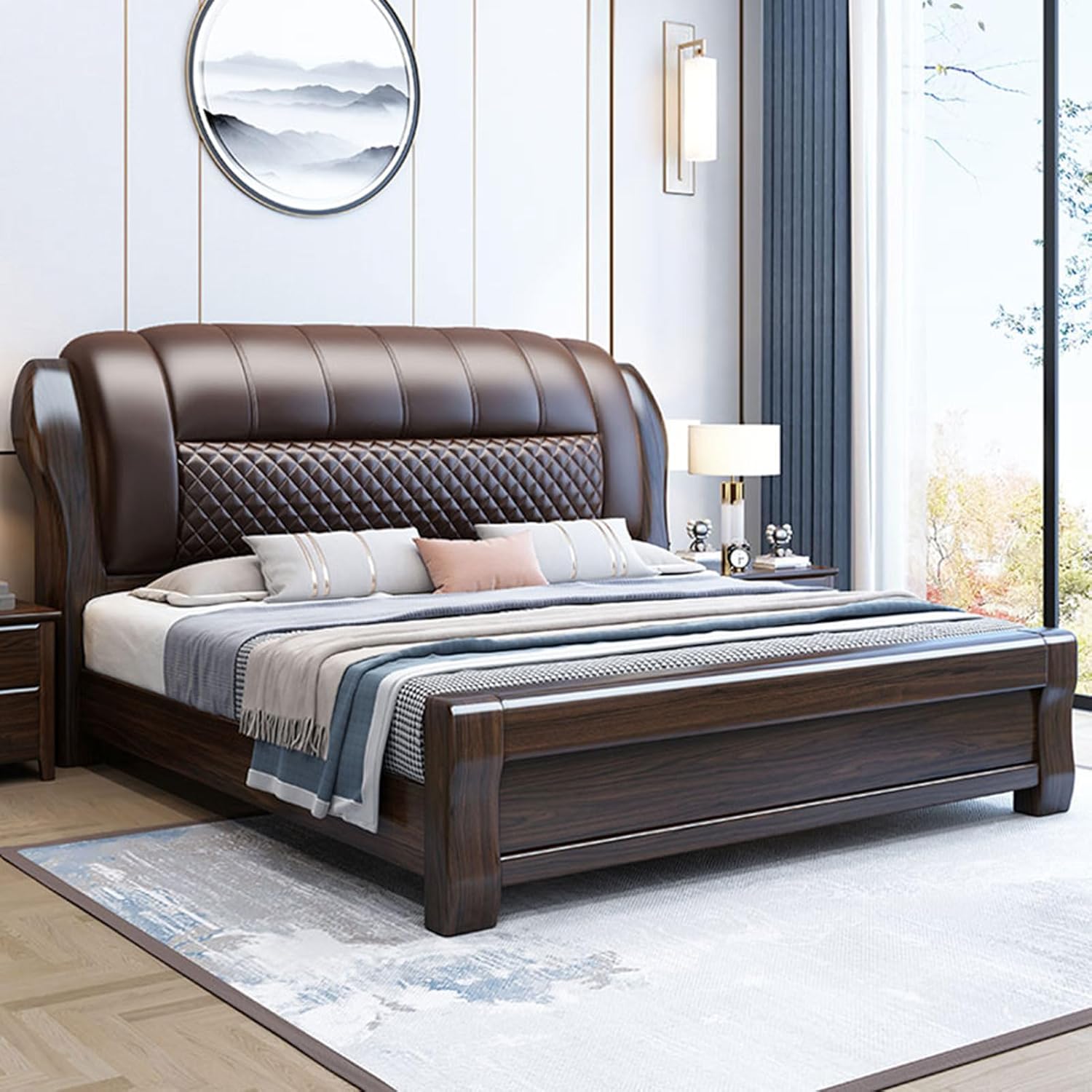Vintage Leather Queen Size Platform Bed Ergonomic Upholstered Headboard with Heavy Duty Wooden Slat Support Noise-Free Brown