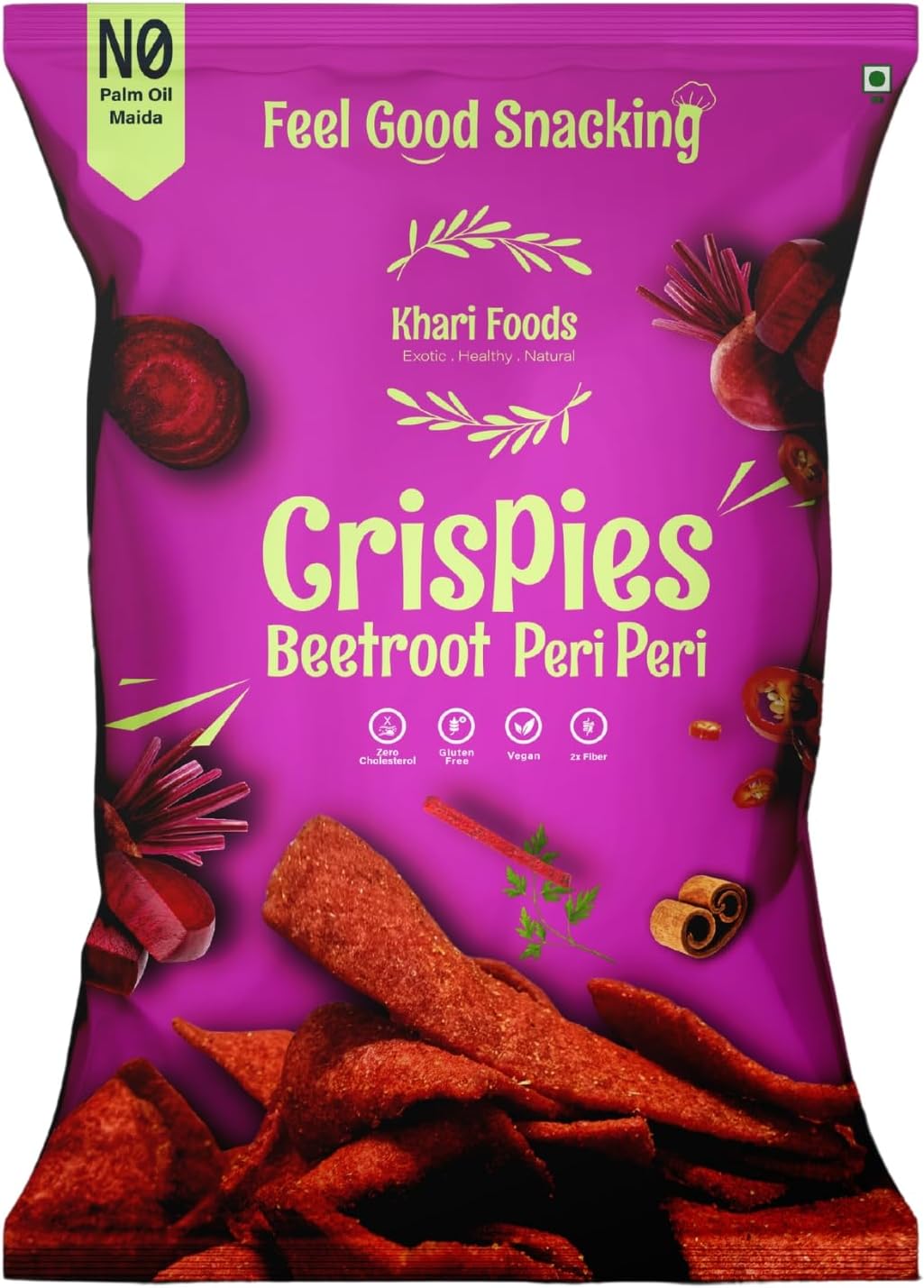 Khari Foods Beetroot Crispies 50g, Peri Peri Flavoured Chips, No Palm Oil, No Maida, Millet Goodness, Fibre Rich, Zero Cholestrol, Gluten Free Vegan Snacks