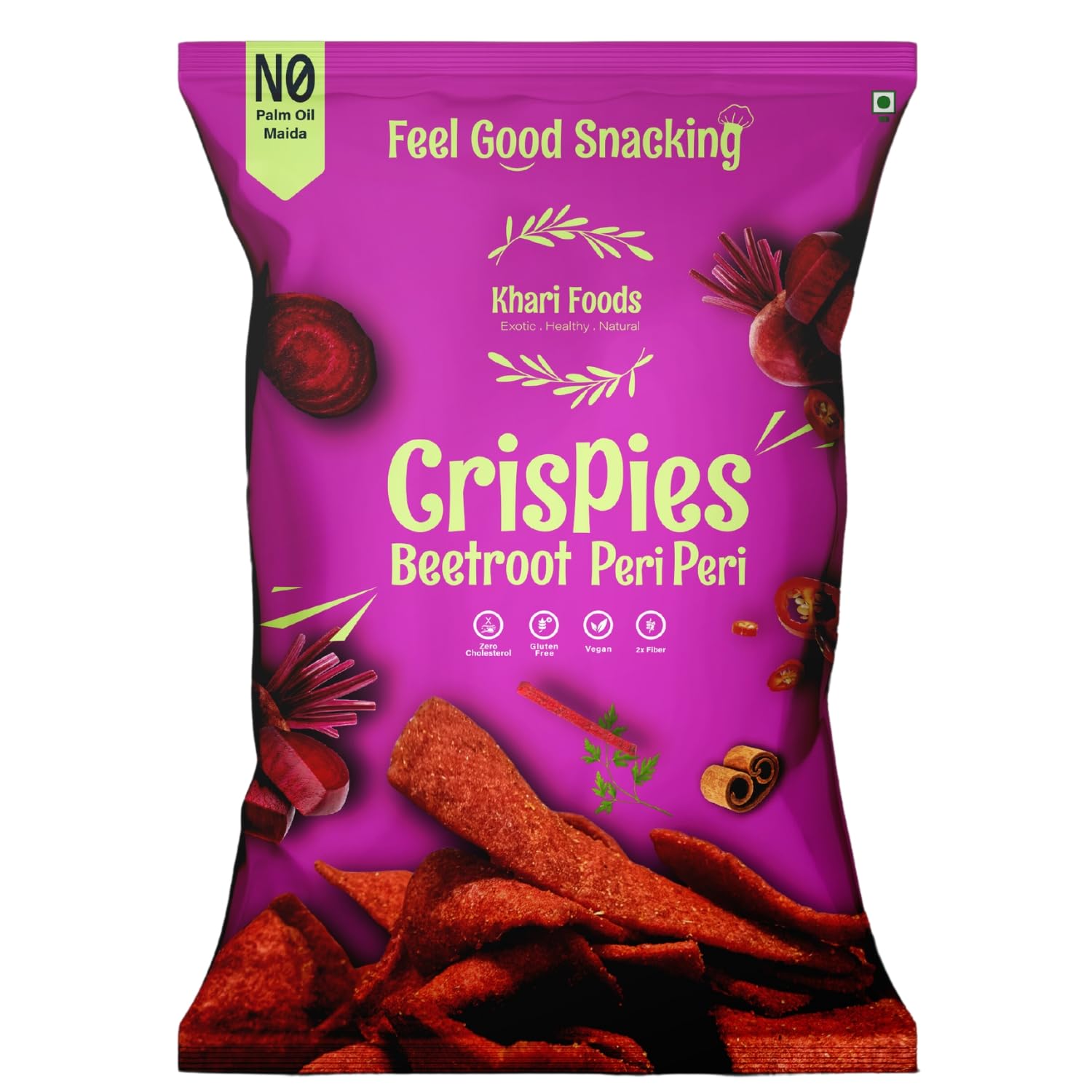Khari Foods Beetroot Crispies 50g, Peri Peri Flavoured Chips, No Palm Oil, No Maida, Millet Goodness, Fibre Rich, Zero Cholestrol, Gluten Free Vegan Snacks