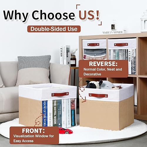 Vista 62 de HNZIGE Juego de 4 canastas de almacenamiento de tela, 12 x 12 pulgadas, juego de 4, canastas decorativas para organizar con asas, cubos cuadrados