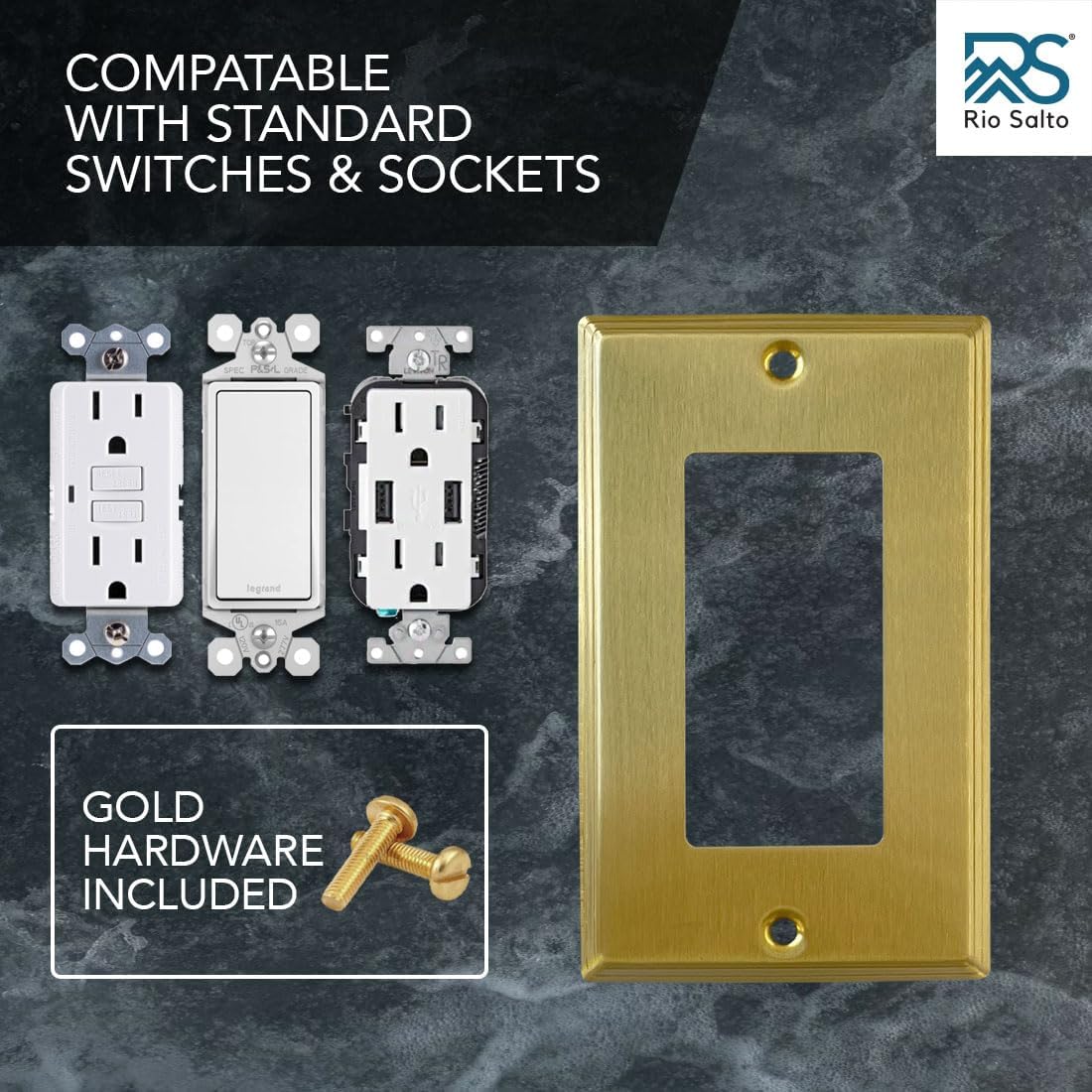 Rio Salto BRASS Metal Gold Light Switch Wall Plate Outlet Cover Wall Plate Modern Single Receptacle Wallplate Rocker Decora Covers 1 Gang Brushed Brass 4.50" x 2.76" 5 Pack STANDARD SIZE