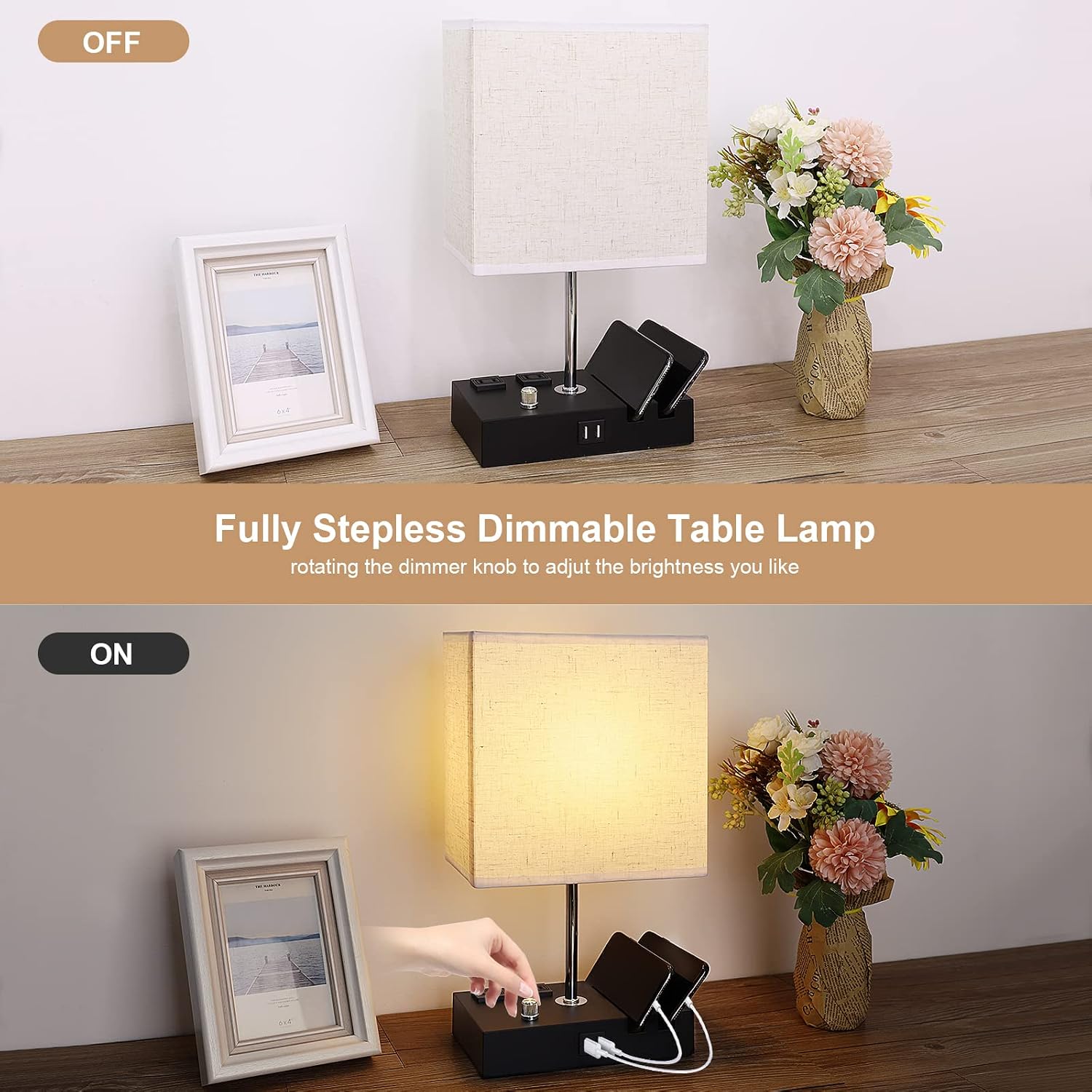 Bedside Table Lamp for Bedroom - Fully Dimmable Touch Control Nightstand Lamp with 2 USB,2 Charging Outlets and Phone Stands for Study Living Room,Linen Cream Rectangle Shade (Bulb Included)