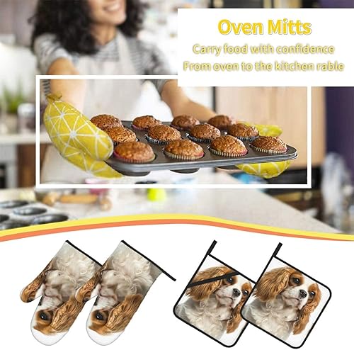 Miniatura 7 de Xsovgoi Cavalier King Charles Spaniel - Juego de 4 manoplas para horno y ollas para perros, resistentes al calor, con capa interior de algodón