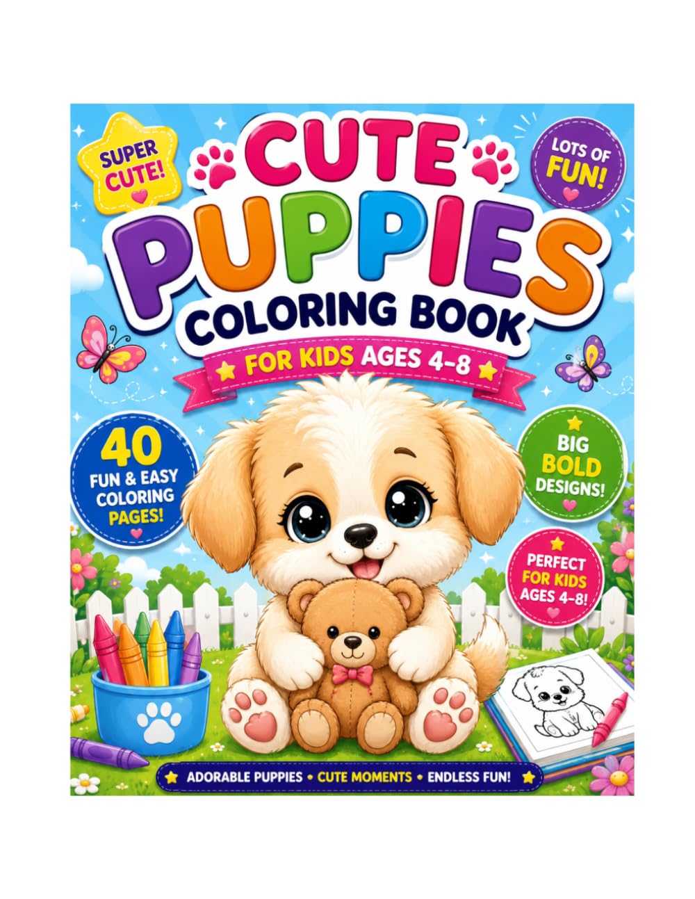 Cute Puppies Coloring Book for Kids: Fun and Easy Coloring Pages for Ages 4–8