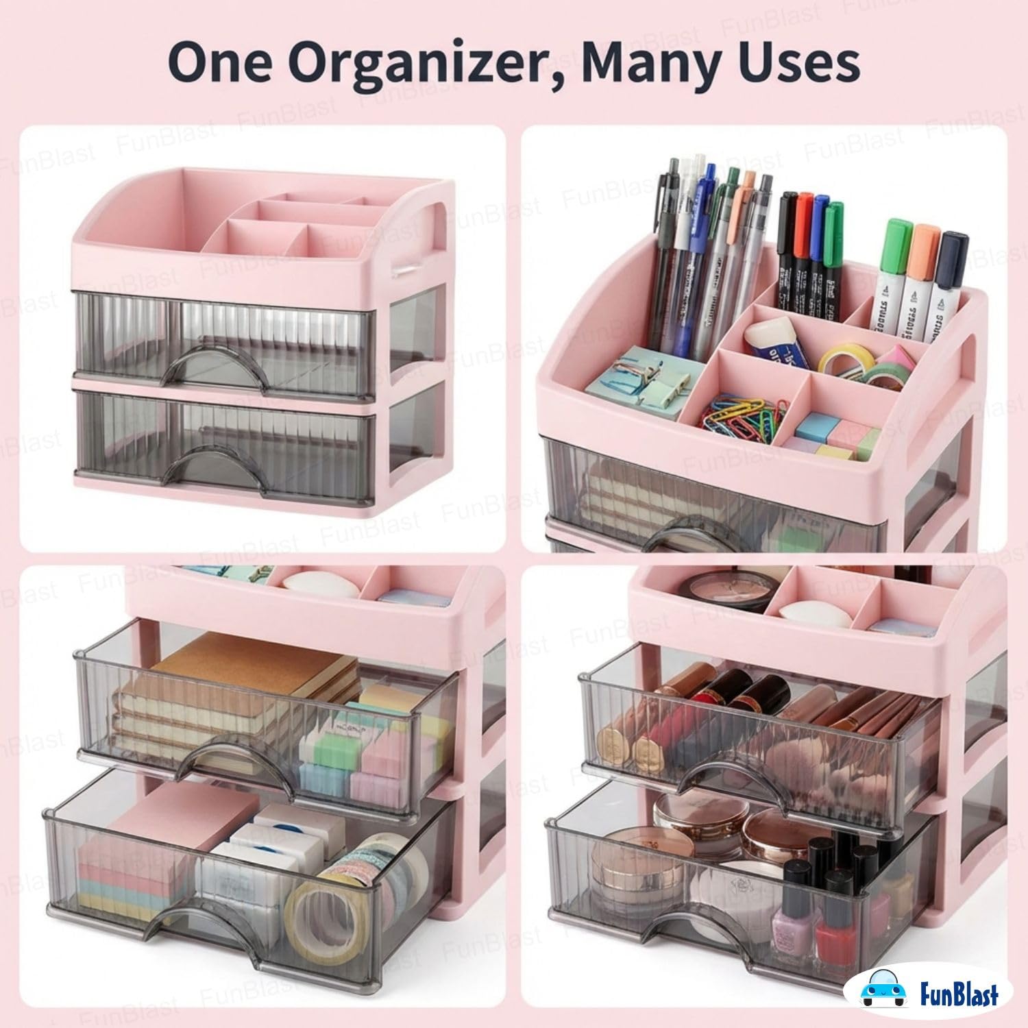 FunBlast Organizer da scrivania con cassetto, scomparto a 2 strati, organizer per trucchi, cancelleria, portapenne e portapenne, portapenne da tavolo, multifunzionale