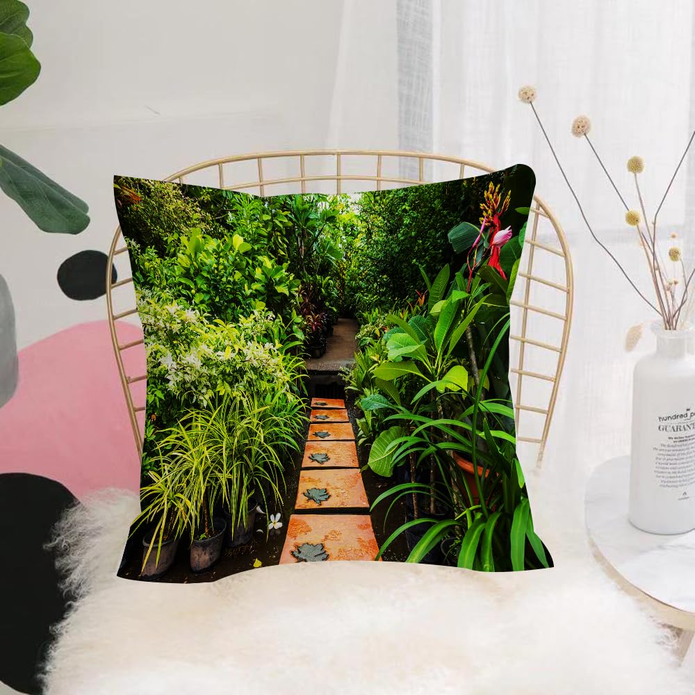 HYOSXW Cushion Cover,Throw Pillow Case Home Decorative for Living Room Bedroom Sofa Chair 16X16 Inch,Lush Garden with Tropical Plants and Wooden Path Tranquility Harmony Theme,Pillowcase 40X40cm